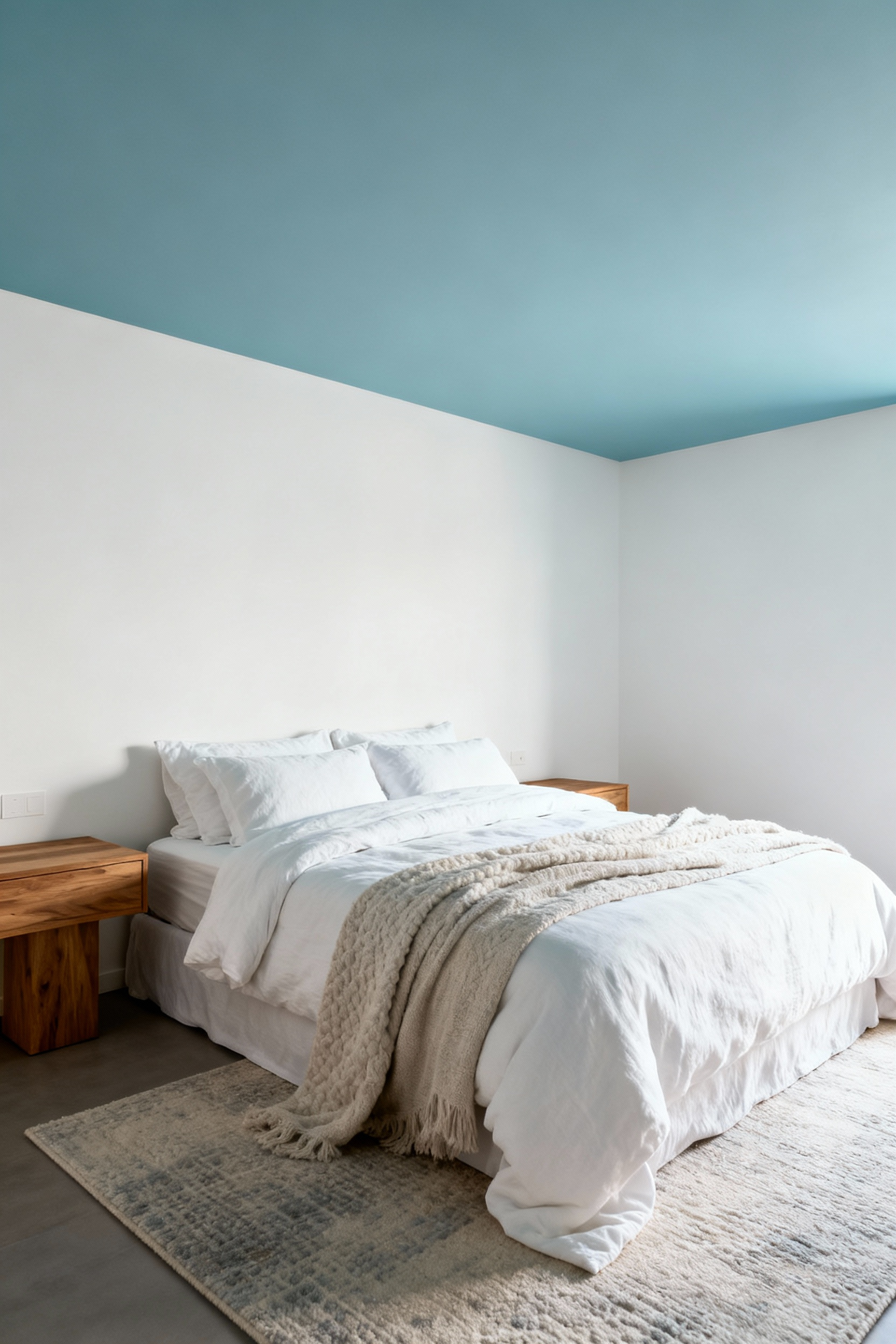 Modern bedroom featuring a ceiling painted hazy cerulean blue, acting as the 'fifth wall,' creating a soothing, sky-like effect over a large bed layered with crisp white linens.