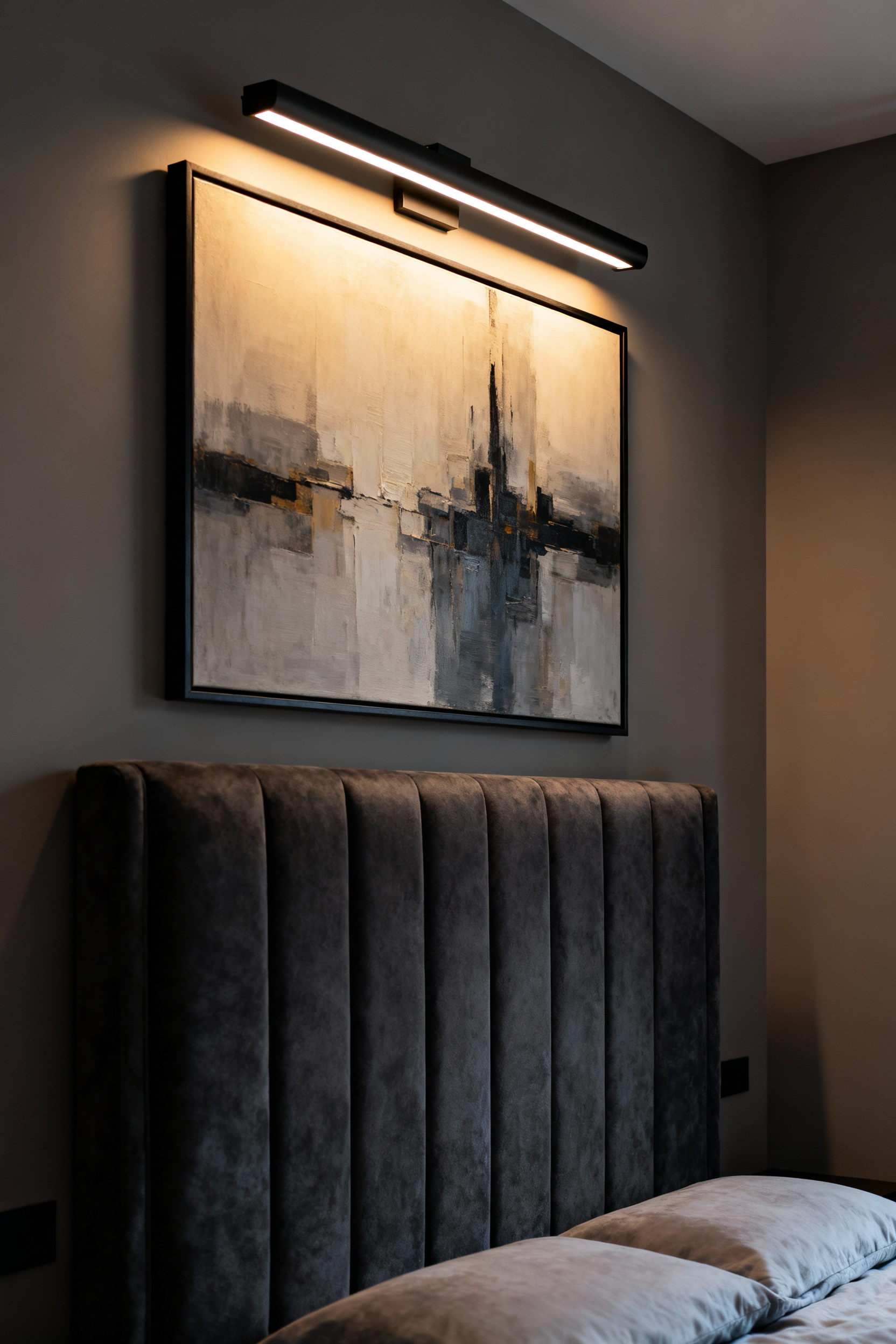 A gallery-style bedroom featuring an illuminated abstract painting above a charcoal headboard, using a modern LED picture light for dramatic lighting inspiration.
