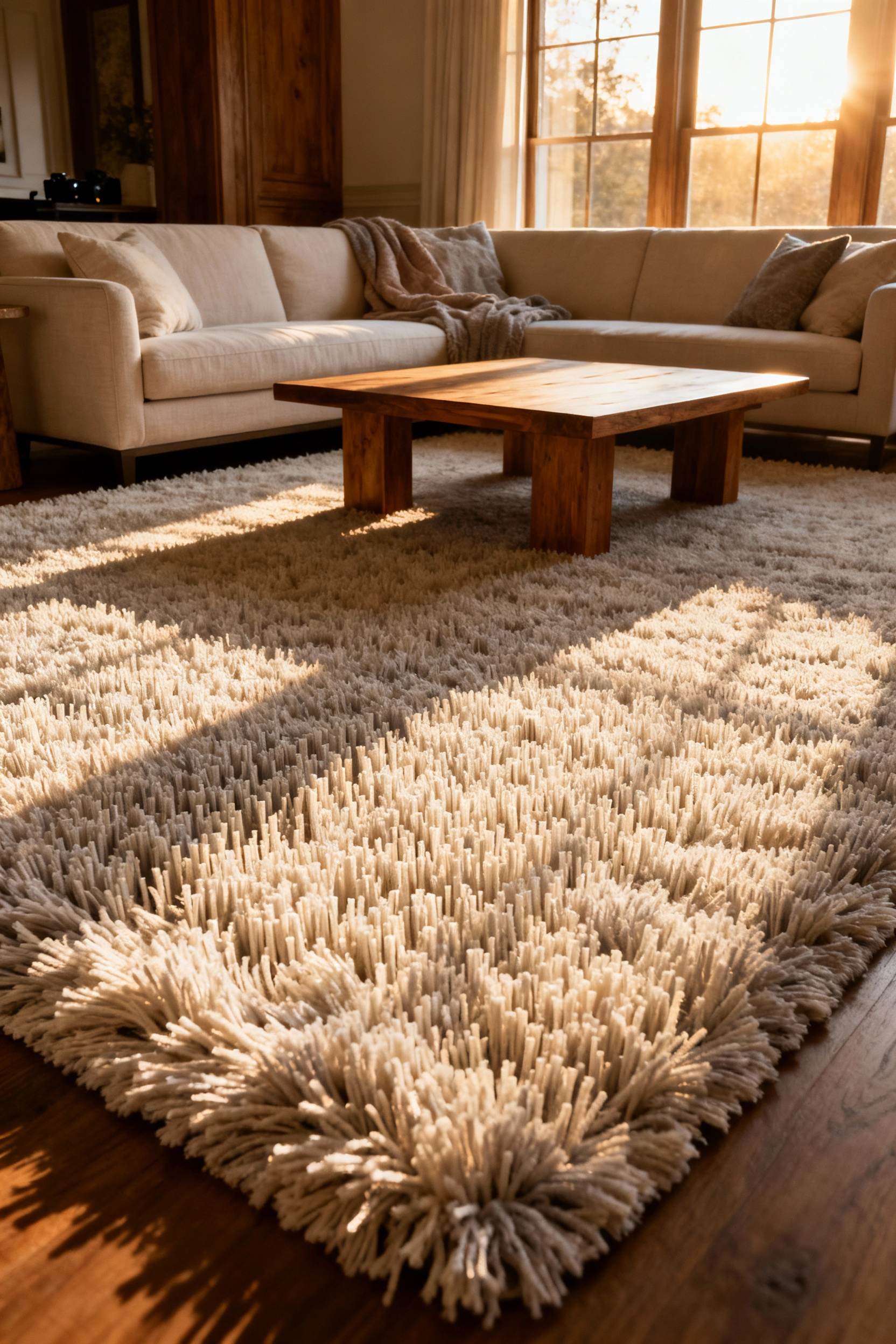 A luxurious, cream-colored, high-density, deep-pile shag rug anchoring a cozy, transitional-style living room under soft Golden Hour natural light.