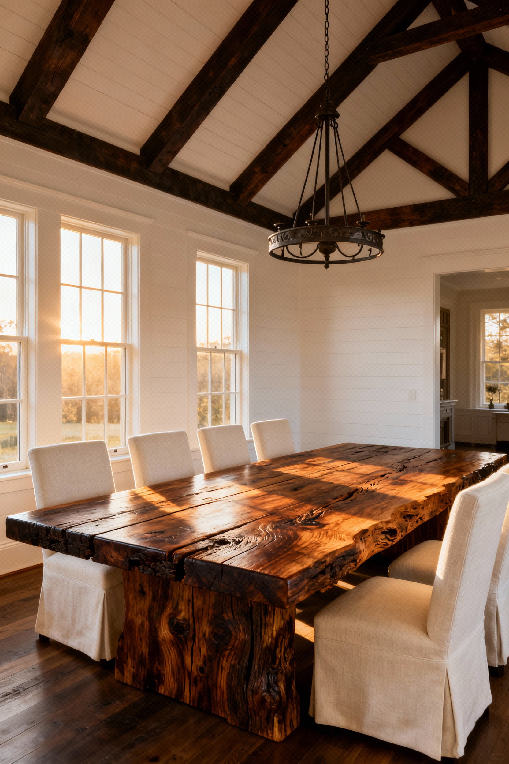 A high-end farmhouse dining room featuring a robust, rectangular dining table made of dark, sturdy reclaimed wood, surrounded by light linen chairs under a wrought-iron chandelier.