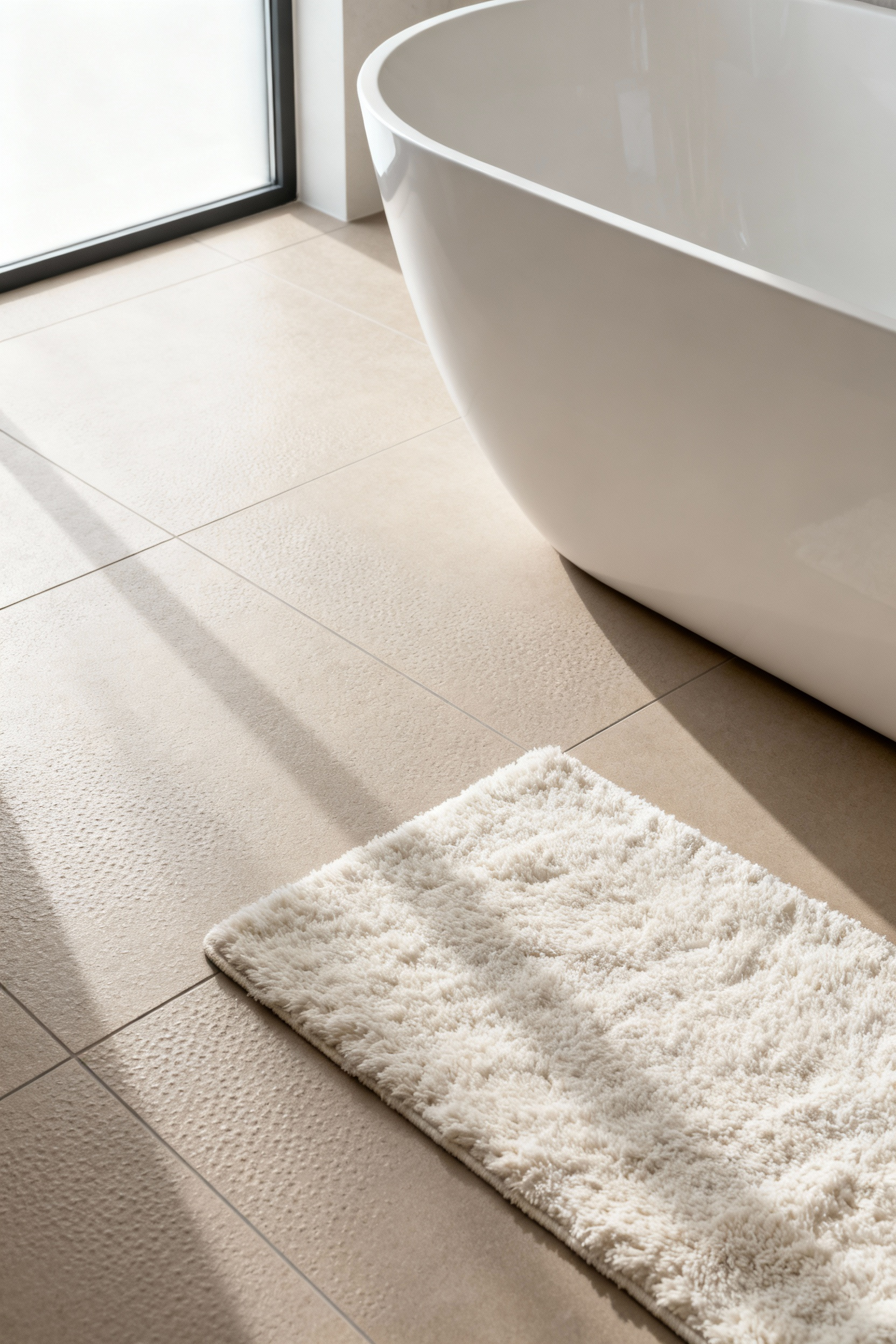 Architectural photograph of large format matte taupe porcelain bathroom tile exhibiting subtle micro-texture for a balance of grip and sensory softness, viewed beside a freestanding white soaking tub.
