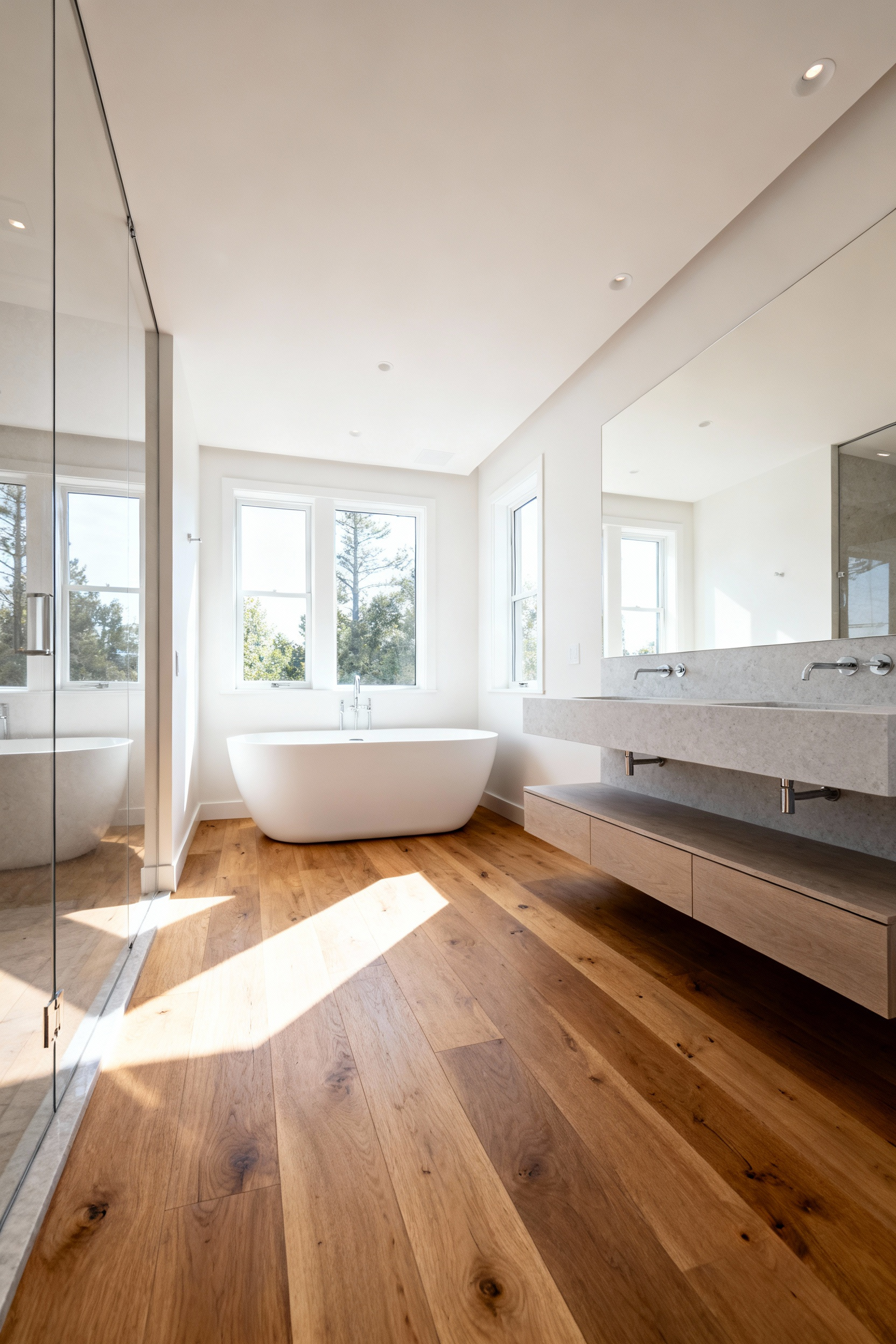 A wide-angle view of a modern spa bathroom featuring continuous wide-plank, medium-brown engineered wood flooring installed around a freestanding tub and floating vanity, demonstrating moisture resilience.