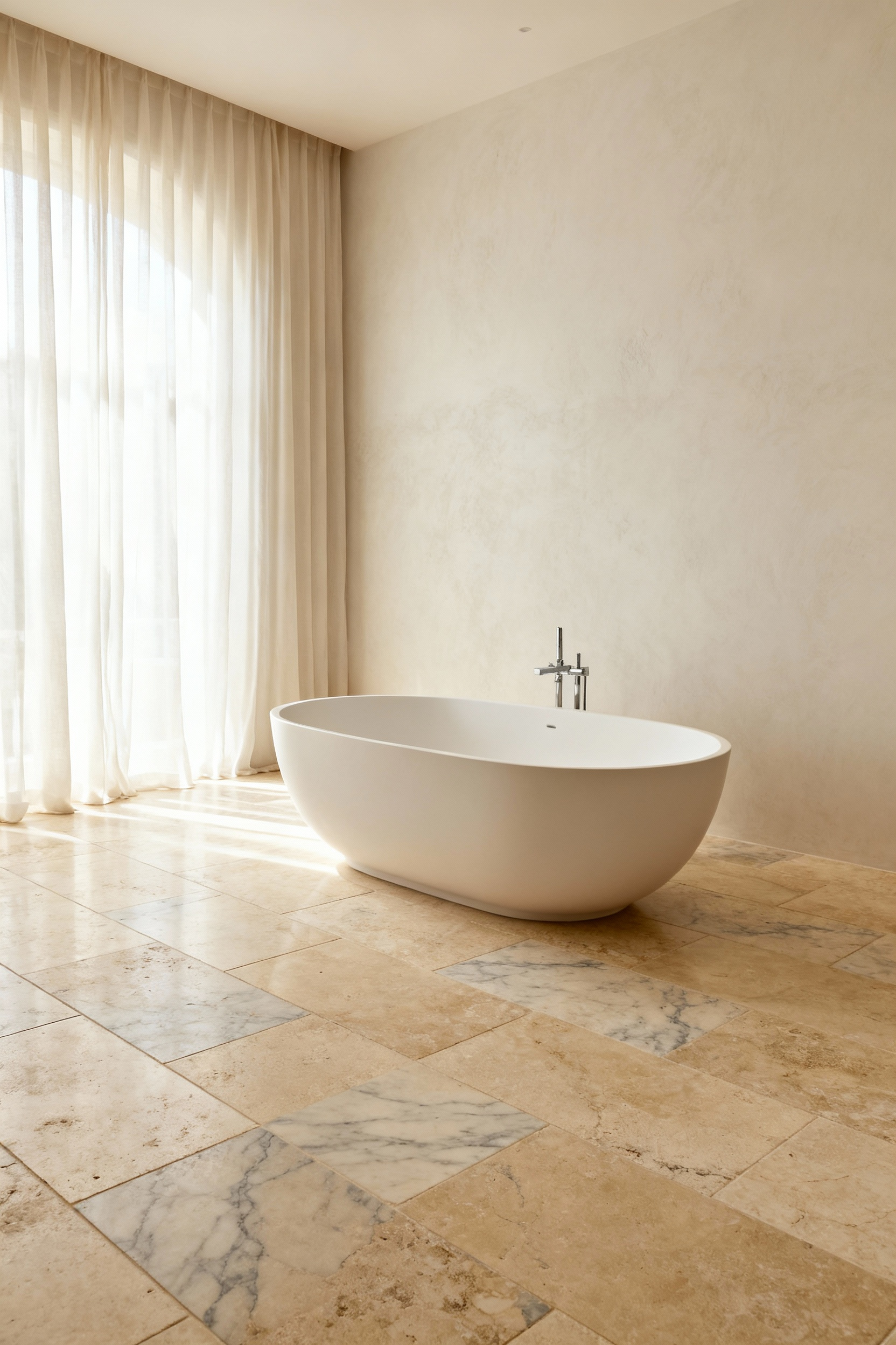 Honed cream marble bathroom floor in a quiet luxury spa design featuring a white soaking tub and floating wooden vanity.