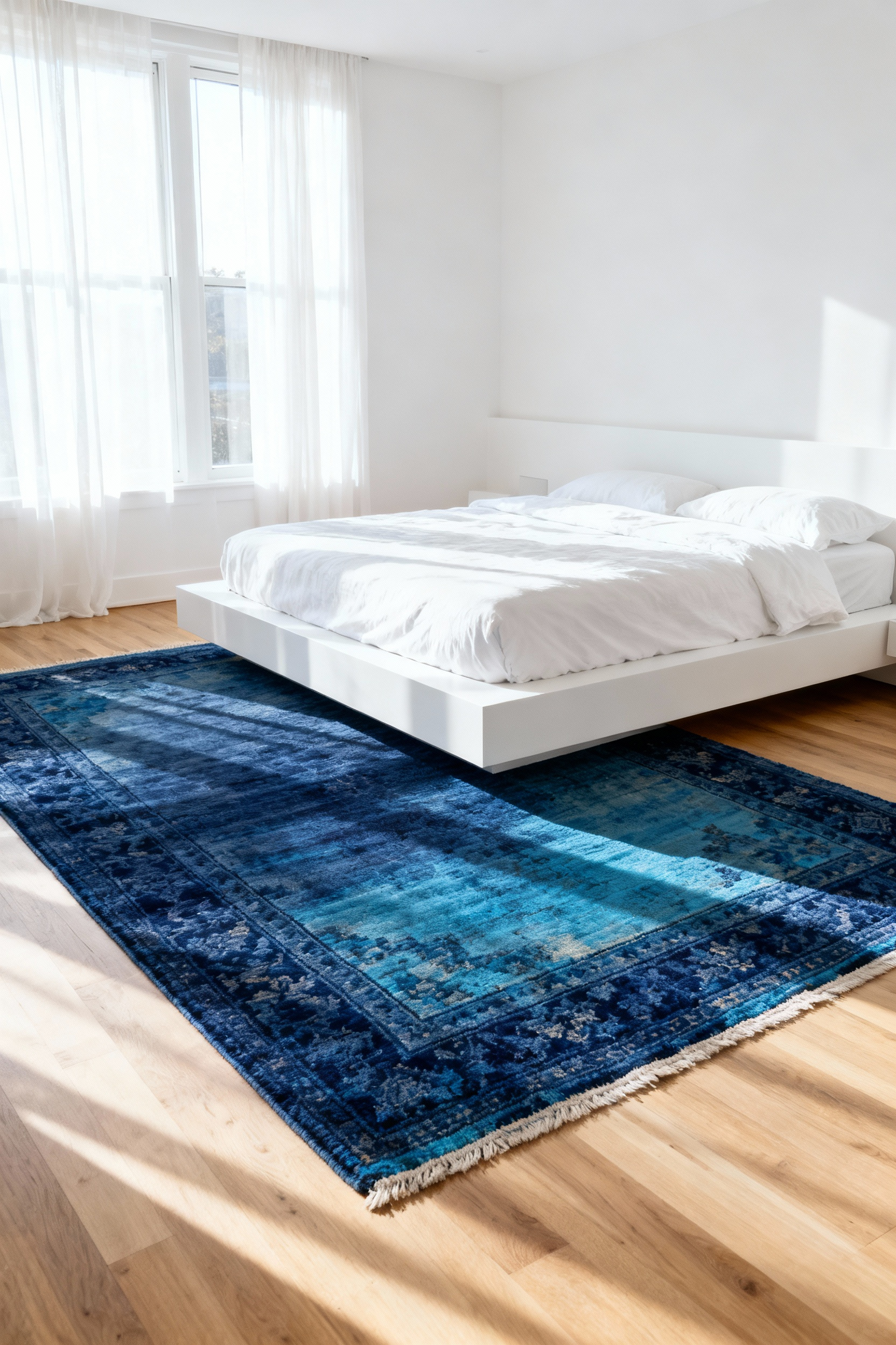 A modern blue bedroom design anchored by a deep indigo and cerulean overdyed vintage Persian rug beneath a low white platform bed and crisp white linens.
