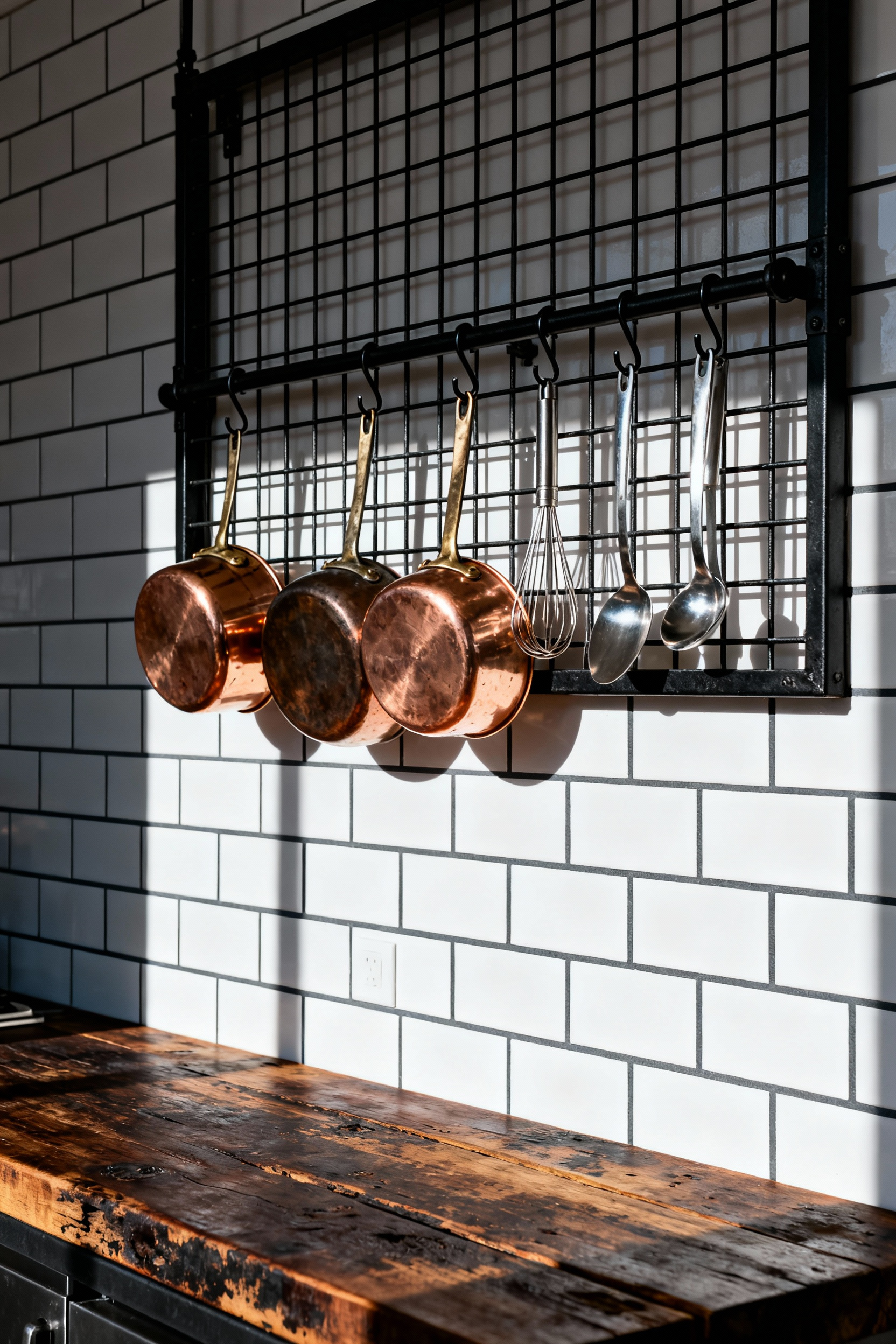 Large matte black industrial iron pot rack mounted on a white subway tile wall demonstrating the use of negative space in sophisticated industrial kitchen decor.