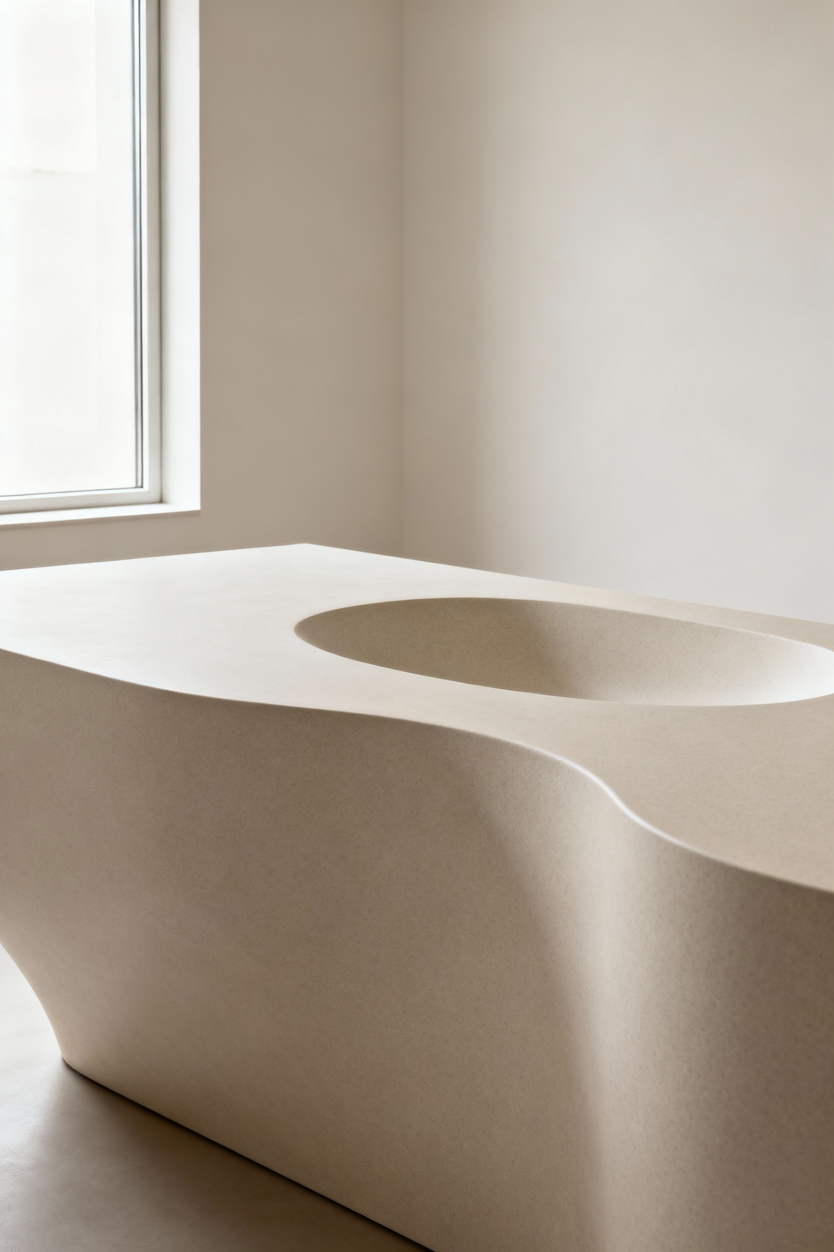 Integral light composite sink seamlessly integrated into a matching countertop in a minimalist bathroom.