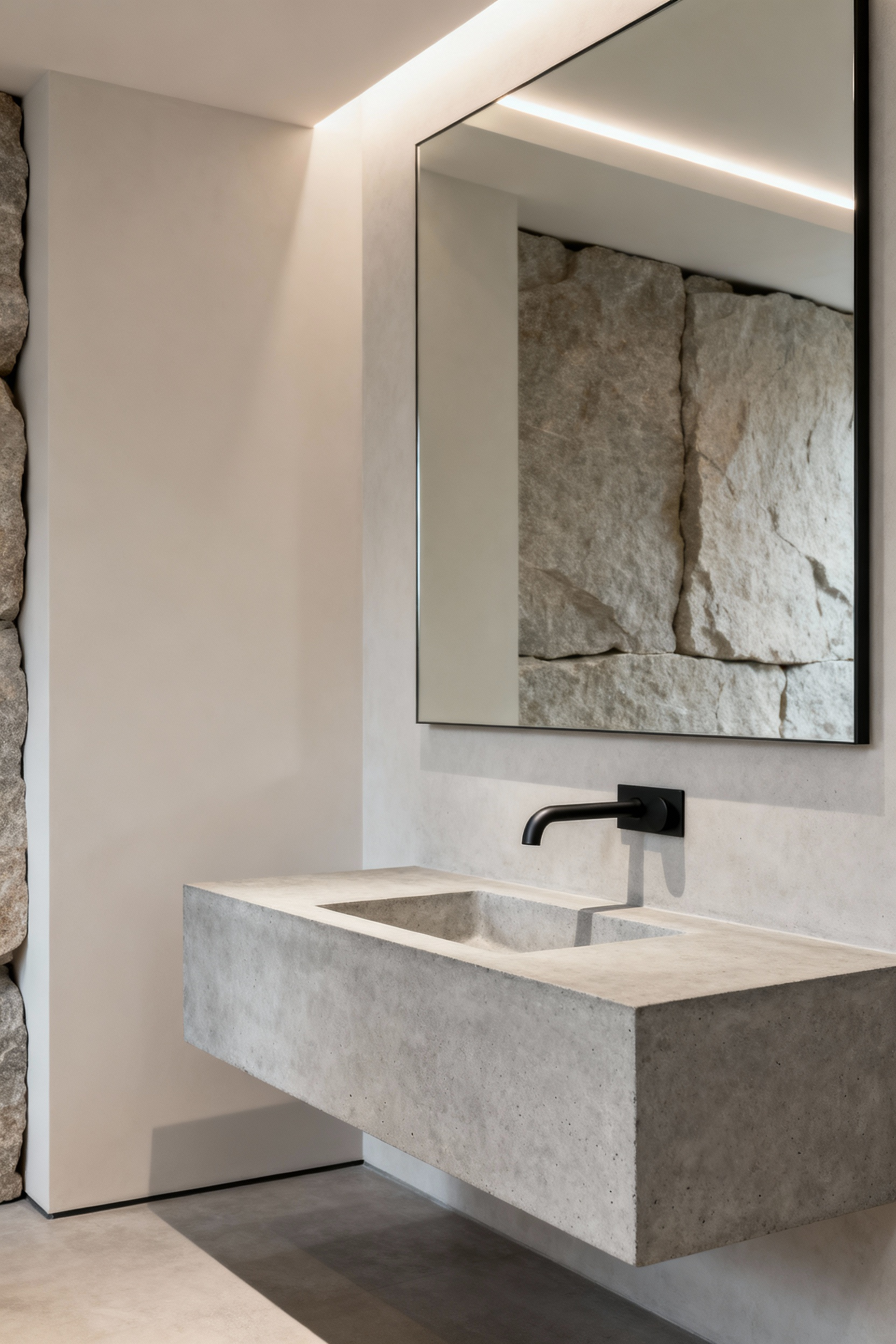 A professional portrait photo of a minimalist bathroom showcasing a wall-mounted concrete vanity with an integrated sink and matte black faucet, emphasizing intentional design and seamless material integration under soft lighting.