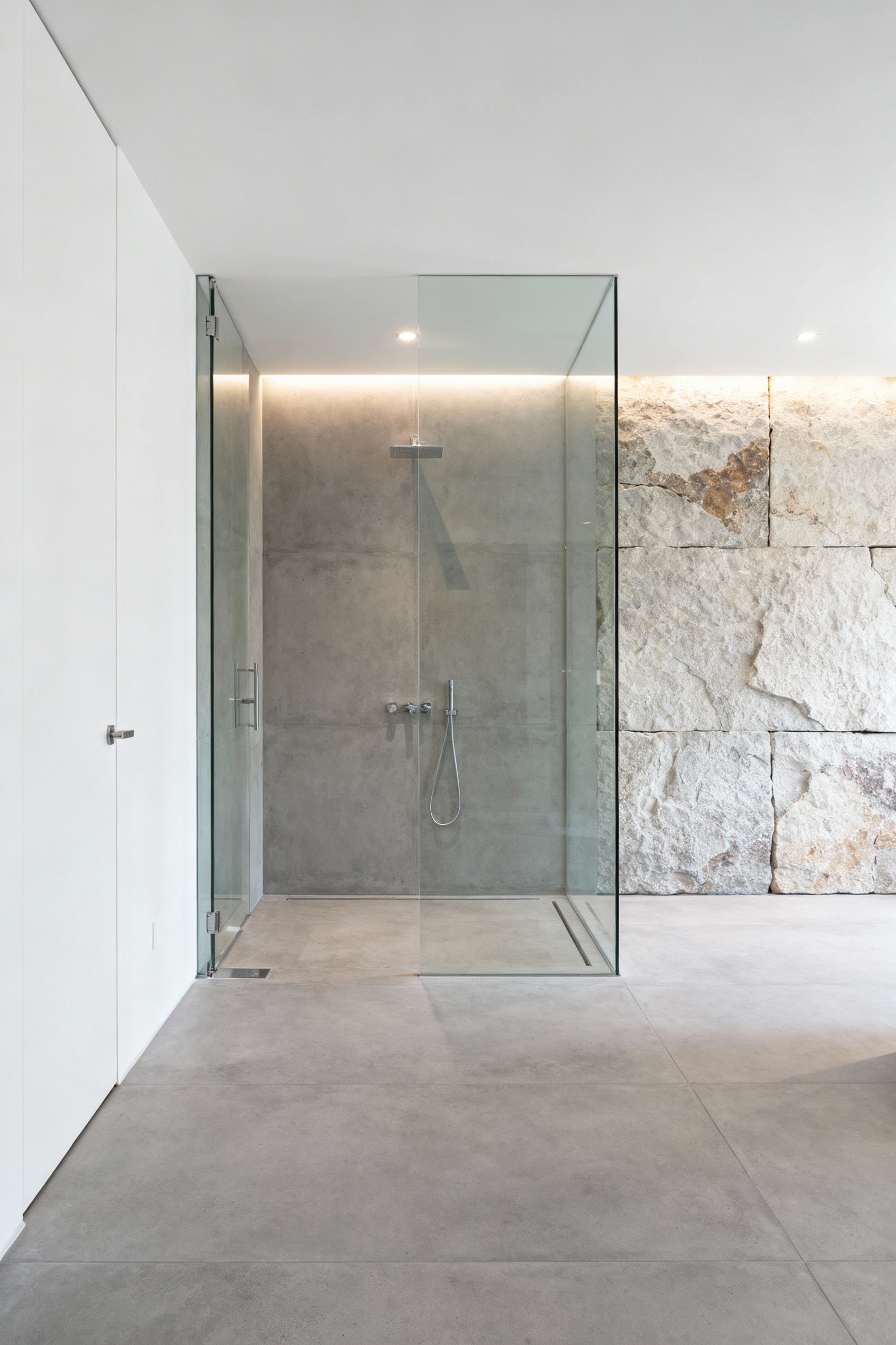 A modern minimalist bathroom featuring a frameless glass shower enclosure with curbless entry and large format grey tiles, promoting a spacious and serene aesthetic.