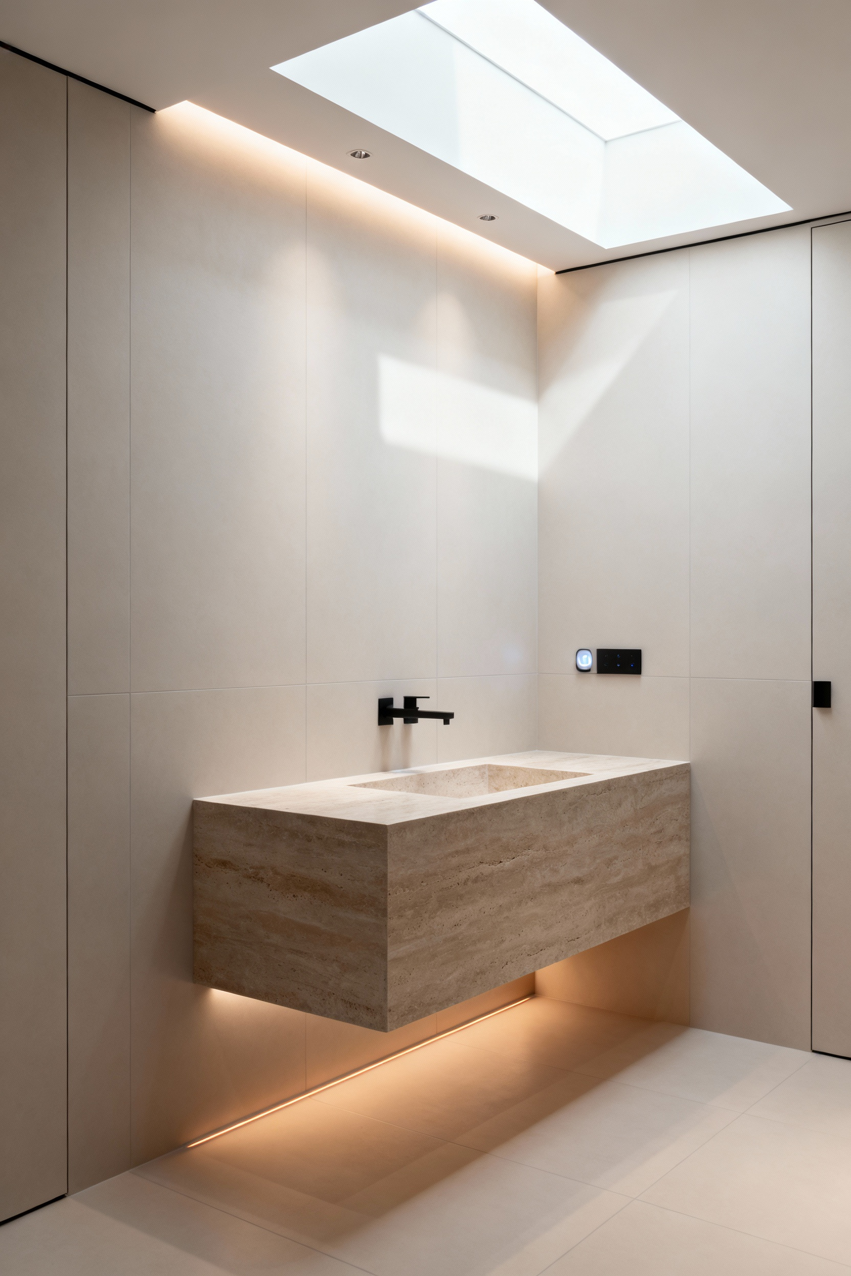 Minimalist bathroom with invisibly integrated smart technology, featuring a warm tiled floor, soft cove lighting emanating from a hidden source, and smooth walls hinting at hidden sound.