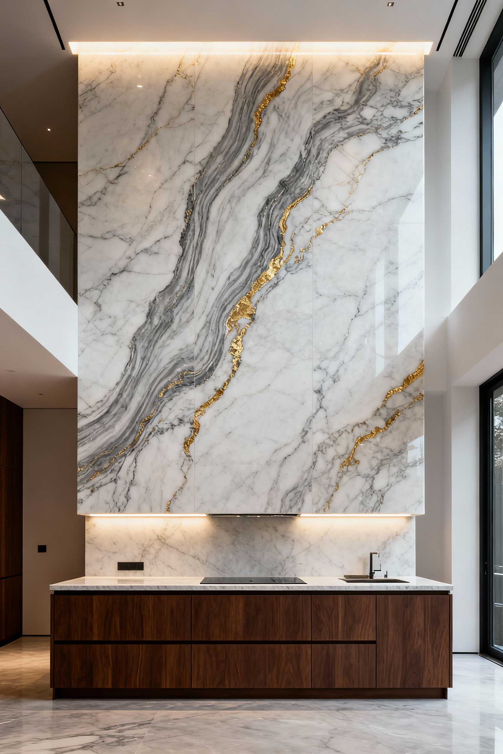 Seamless, counter-to-ceiling Statuario marble slab used as a monolithic feature wall and backsplash in a luxurious, modern kitchen design.