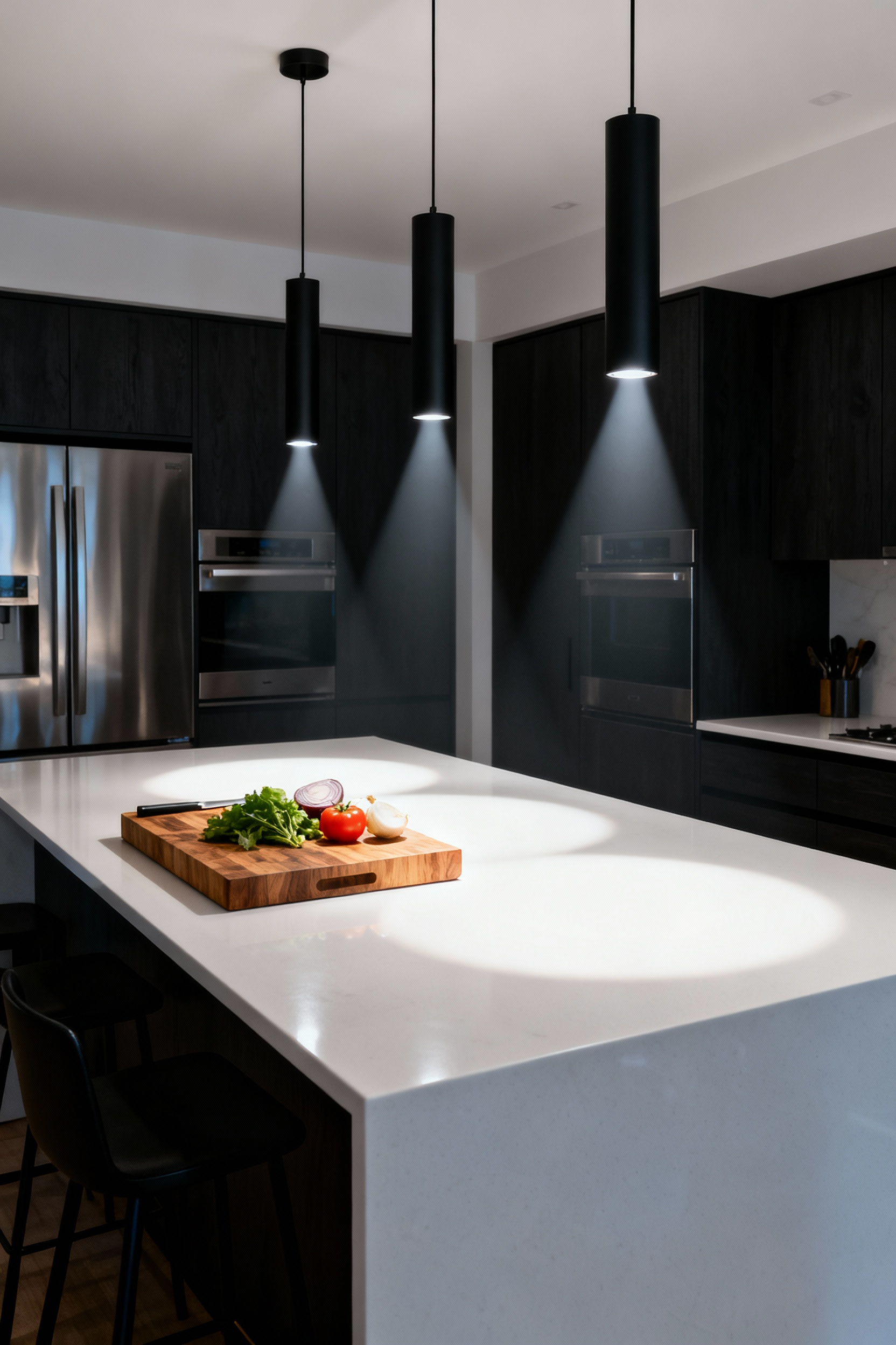 Detailed photograph showing three focused cylindrical pendant lights illuminating a pristine white quartz kitchen island, demonstrating effective, evenly spread beam coverage essential for task work.