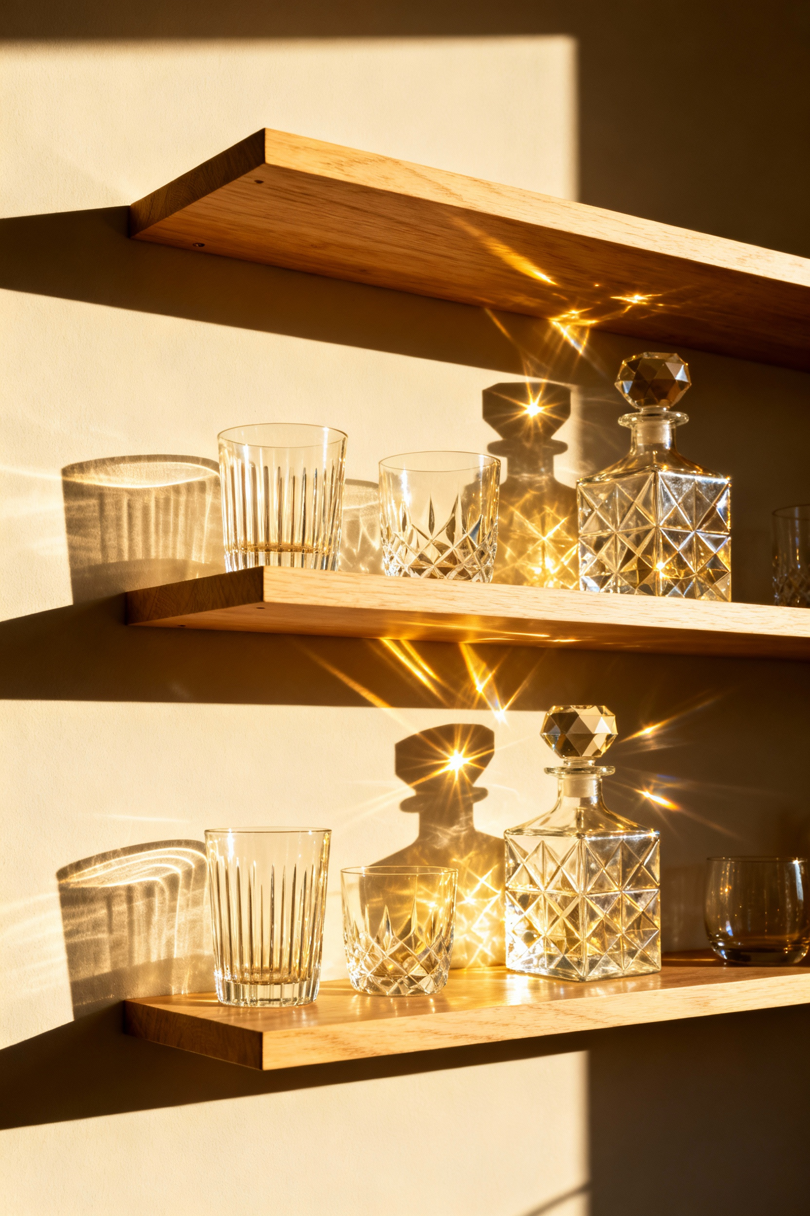 A detailed photograph of varied clear glassware—crystal decanters and tumblers—displayed on open kitchen shelving. Strong natural light passes through the glass, casting complex caustic light patterns and distorted shadows onto the light gray wall behind, demonstrating visual depth created by refraction.