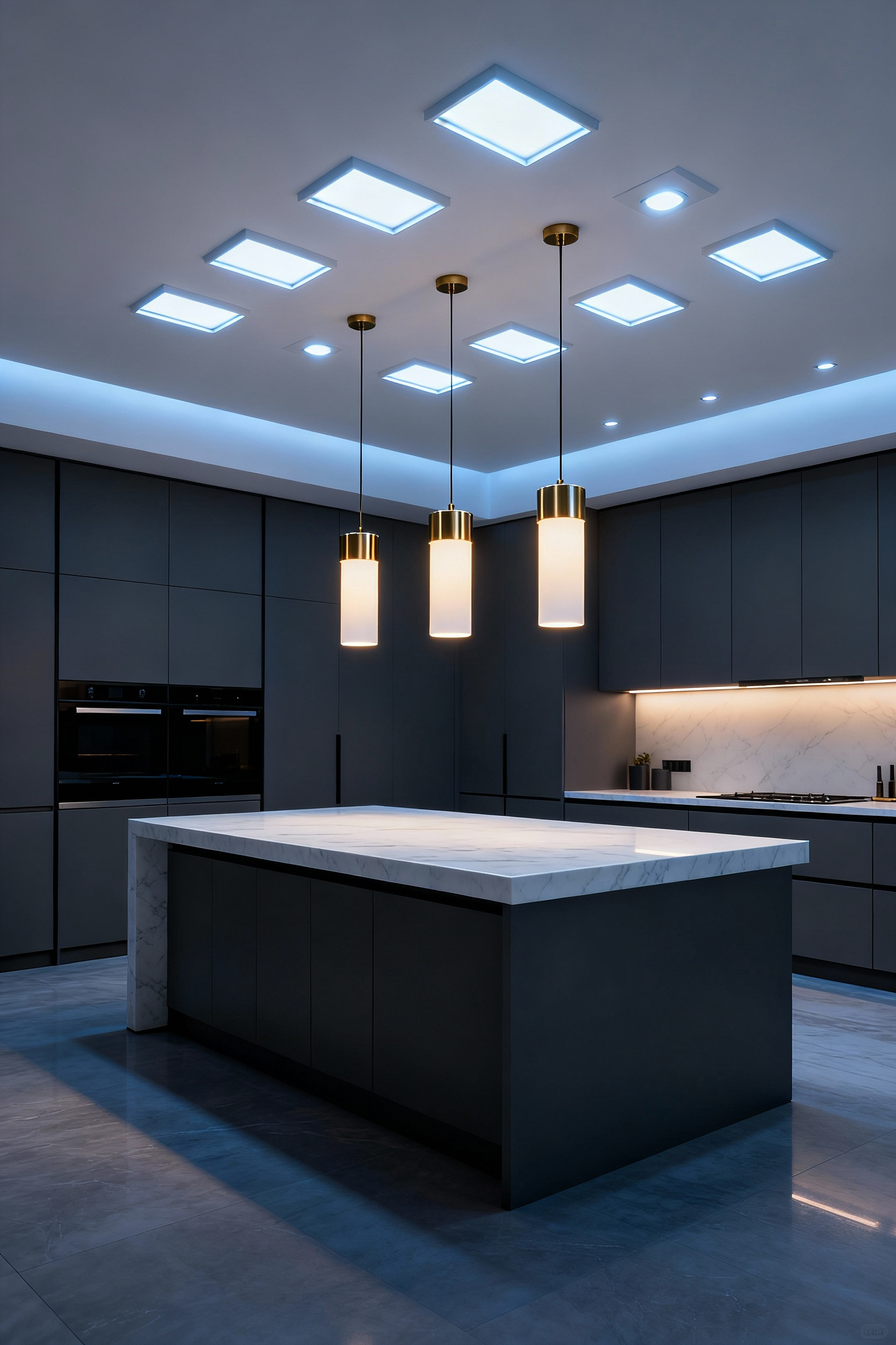 A modern kitchen demonstrating a layered lighting plan, featuring three warm decorative brass pendants over the island and cool minimal 4-inch wafer recessed lights providing surrounding ambient support.