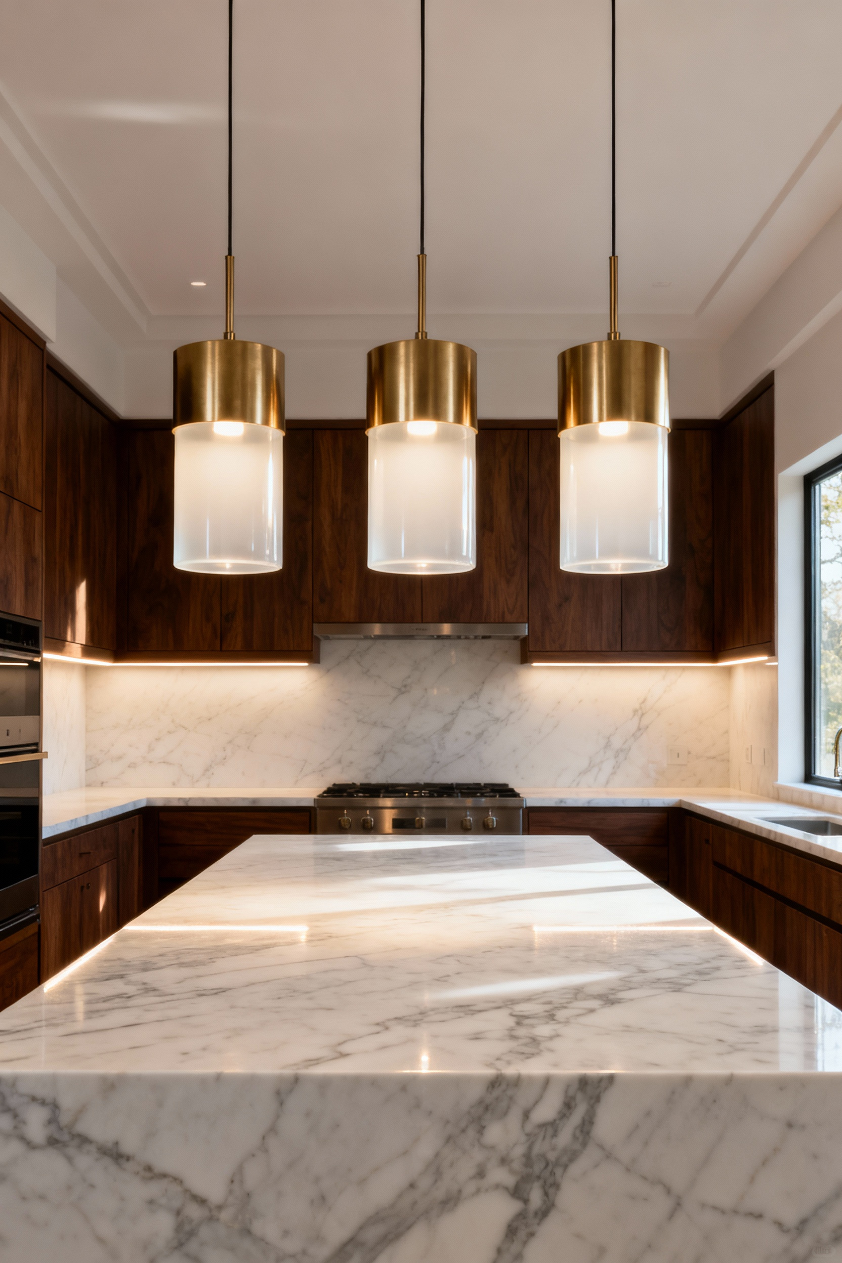 Architectural photography showing three cylindrical brass and frosted glass pendant lights perfectly spaced over a long white marble kitchen island, illustrating proportional fixture placement with a defined inset from the edges.