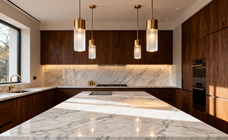 Architectural photography showing three cylindrical brass and frosted glass pendant lights perfectly spaced over a long white marble kitchen island, illustrating proportional fixture placement with a defined inset from the edges.