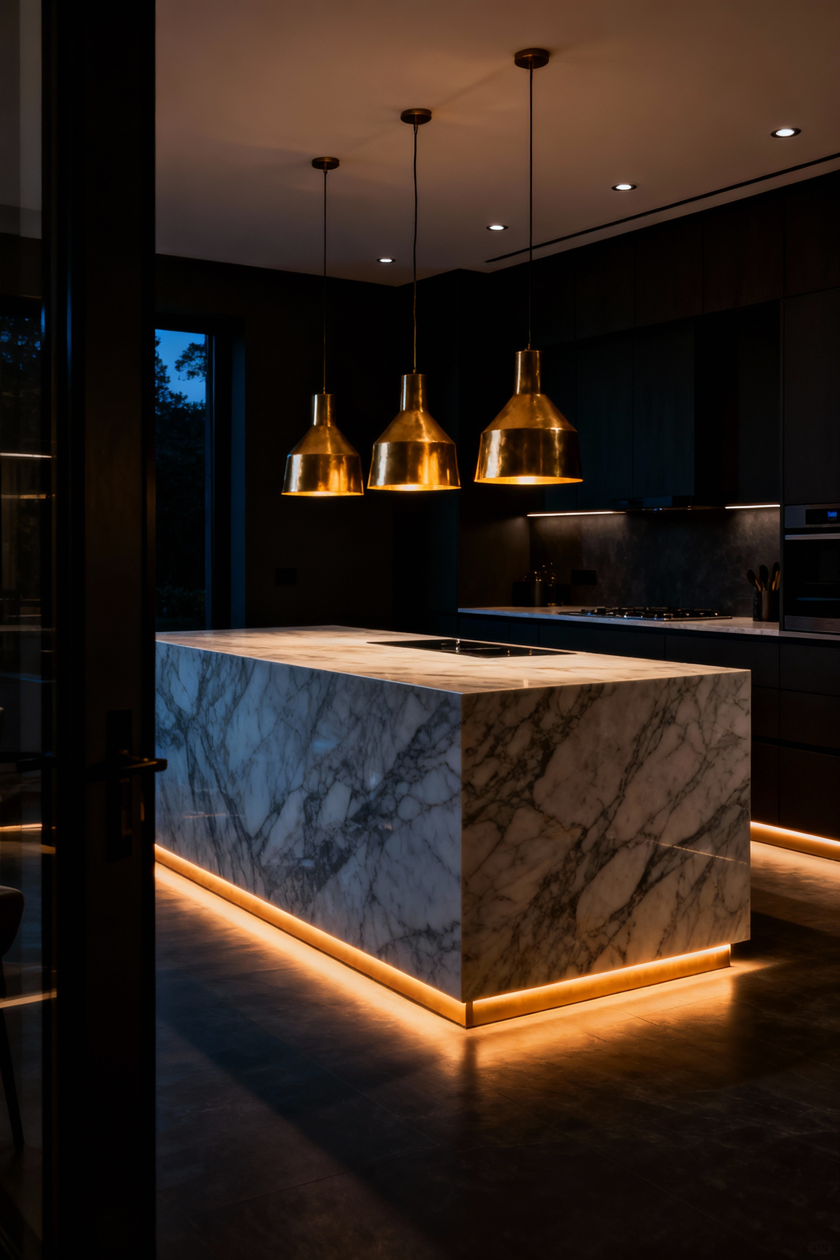 A luxurious kitchen island demonstrating zoned lighting; warm, dimmed pendant lights anchor the island area while ambient recessed lighting remains off, illustrating the transition from prep light to party mood.