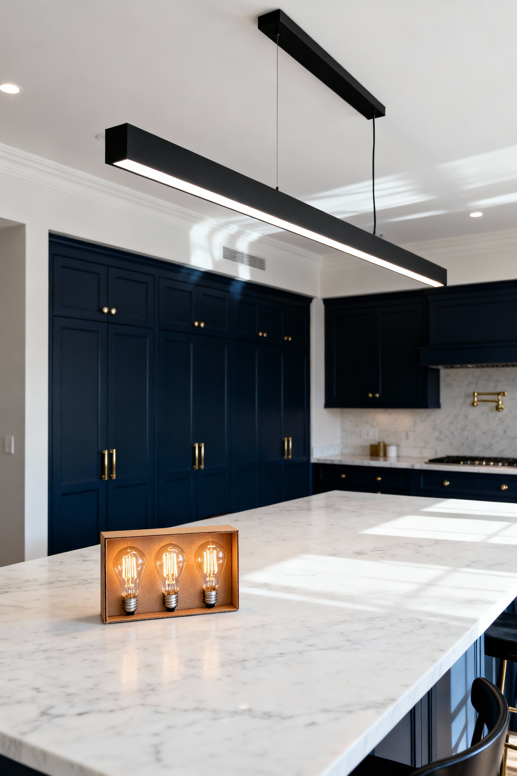 Modern kitchen island illuminated by a sleek black integrated LED pendant, contrasting with traditional replacement bulbs sitting on the white marble countertop, illustrating the choice between longevity and flexibility in lighting technology.