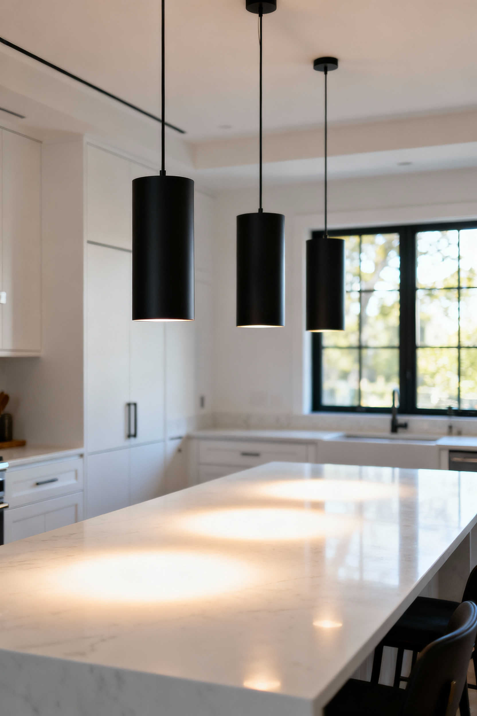 Three modern pendant lights suspended precisely 32 inches above a white kitchen island, illustrating the optimal vertical clearance for task lighting and preventing glare.