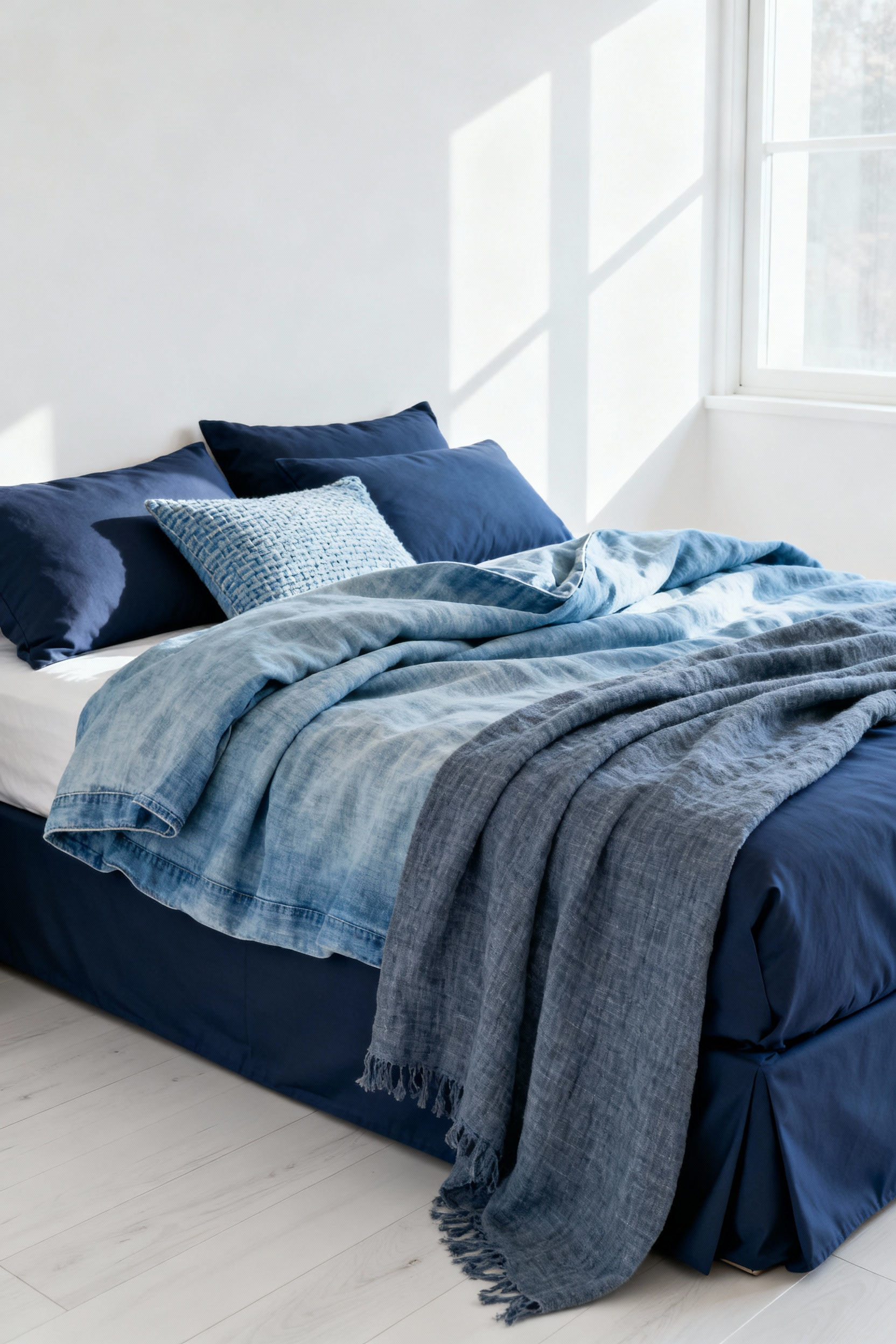 A beautifully layered blue bedroom featuring mixed textiles including crisp navy percale, light blue chambray, and textured slate flax linen to demonstrate visual depth.