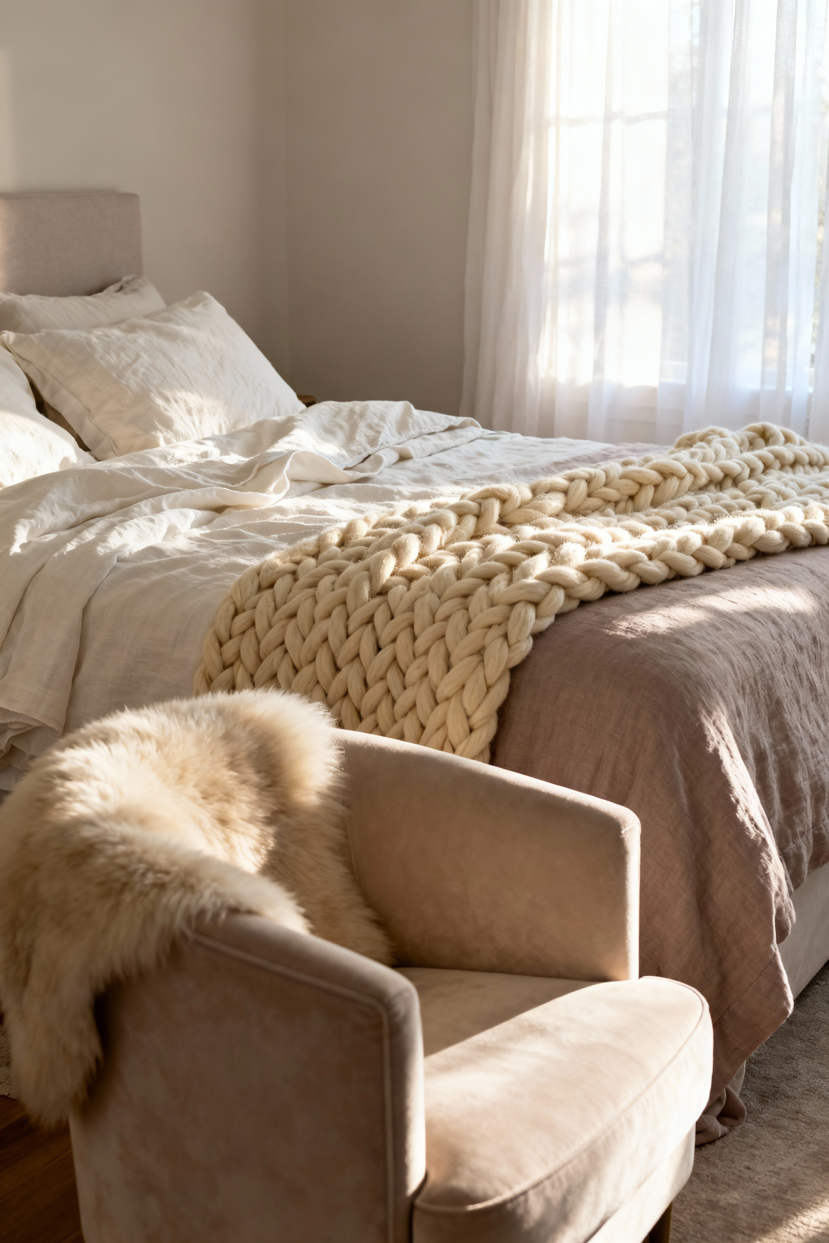 A luxurious master bedroom sanctuary featuring layered textures including washed linen bedding, a chunky wool throw, and a plush velvet armchair, emphasizing quiet comfort and tactile depth.