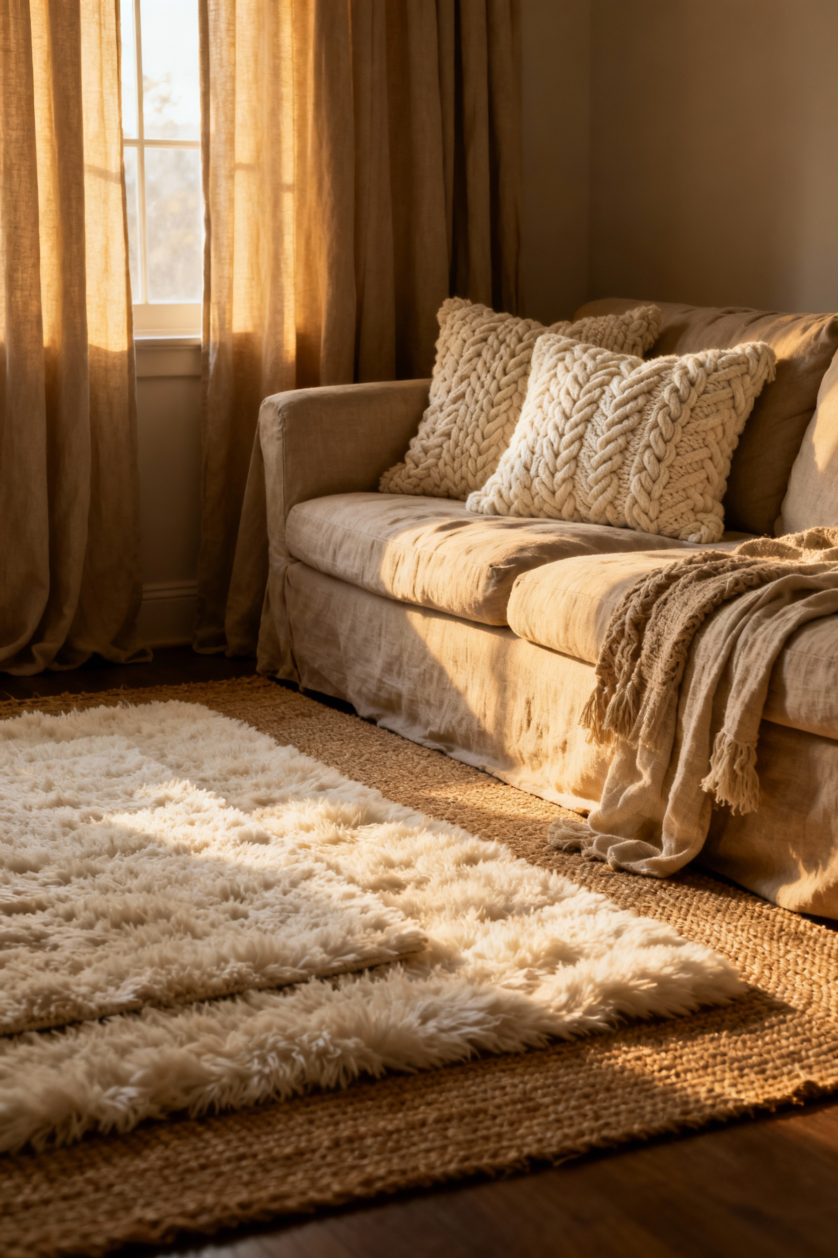 A cozy living room corner showcasing layered soft goods like thick wool rugs and various textured cushions to create a warm, sensory sanctuary.