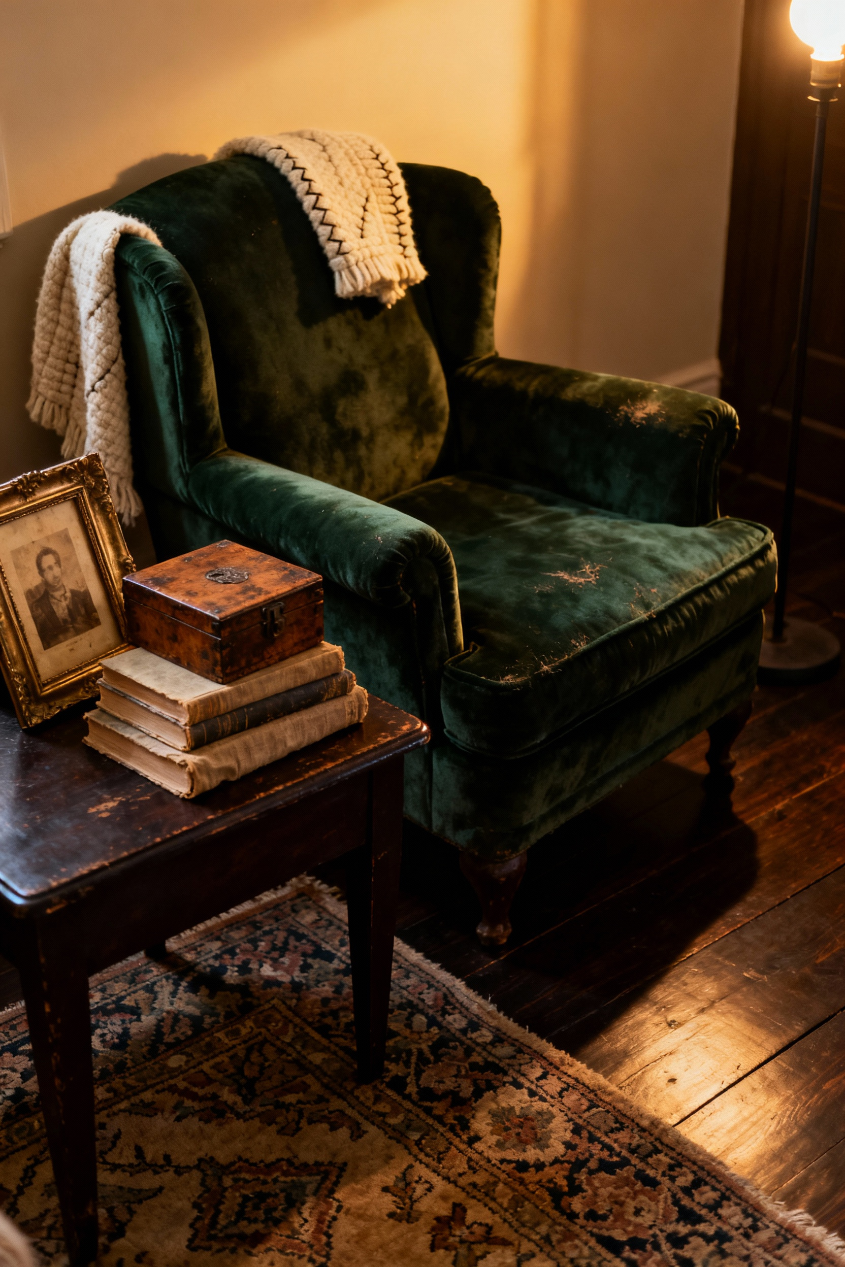 A richly textured, cozy living room corner featuring a worn forest-green velvet armchair, personal mementos on a side table, and soft, warm interior lighting, illustrating emotional depth achieved through aging fabrics and collected items.