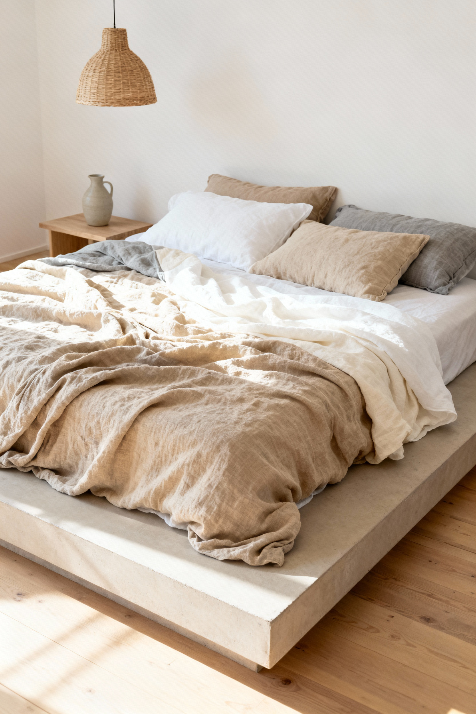 A rumpled bed layered with high-quality, textured natural linen sheets in grey and white tones, showcasing the durable and breathable foundation for a stylish wabi-sabi bedroom aesthetic.