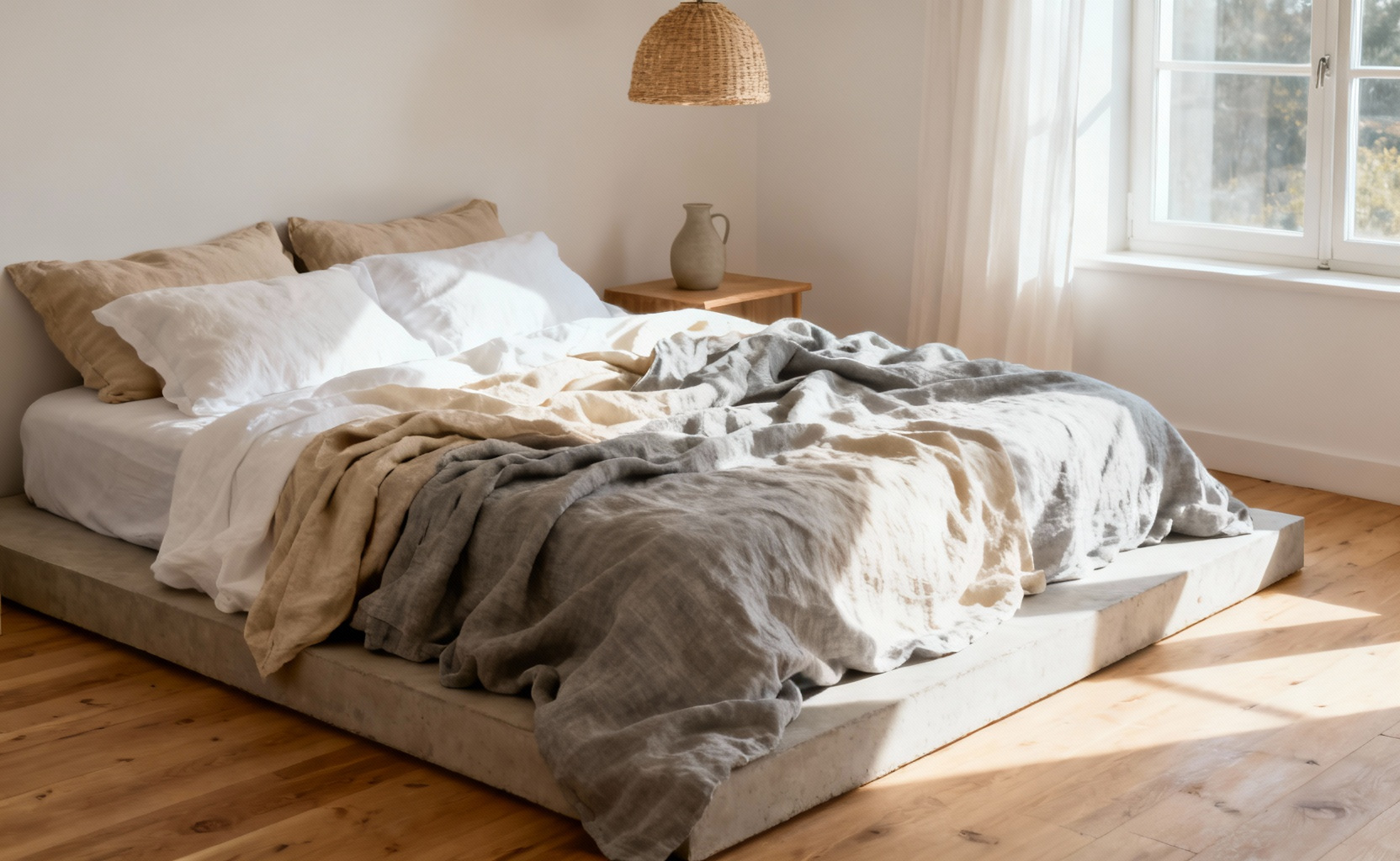 A rumpled bed layered with high-quality, textured natural linen sheets in grey and white tones, showcasing the durable and breathable foundation for a stylish wabi-sabi bedroom aesthetic.
