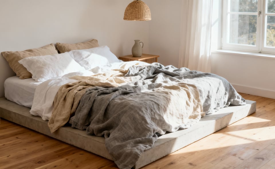 A rumpled bed layered with high-quality, textured natural linen sheets in grey and white tones, showcasing the durable and breathable foundation for a stylish wabi-sabi bedroom aesthetic.