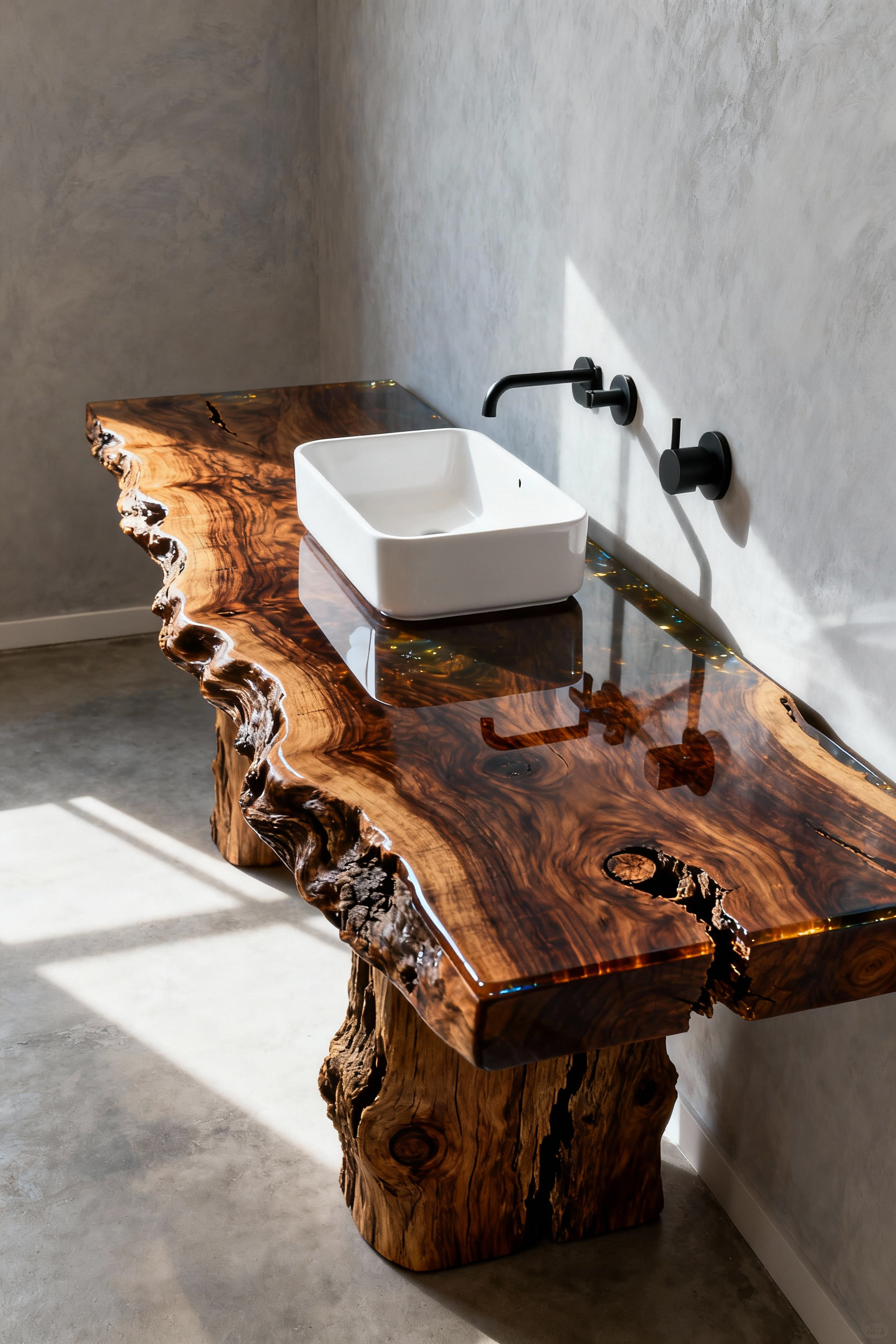 A thick, glossy, live-edge walnut vanity slab showcasing dramatic wood grain and natural knots, mounted in a minimalist organic modern bathroom with a white vessel sink and black hardware.