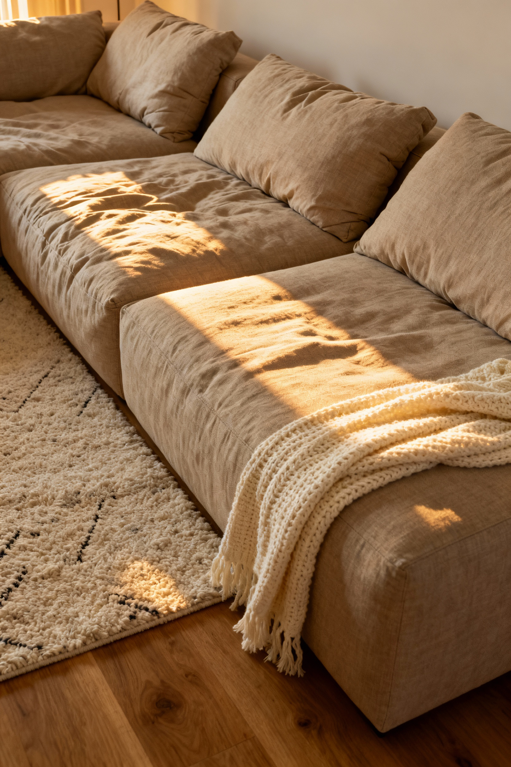 An empty, oversized, extra-deep sectional sofa upholstered in textured oatmeal fabric, sitting low to the floor in a cozy, sunlit living room, emphasizing comfortable lounging architecture.