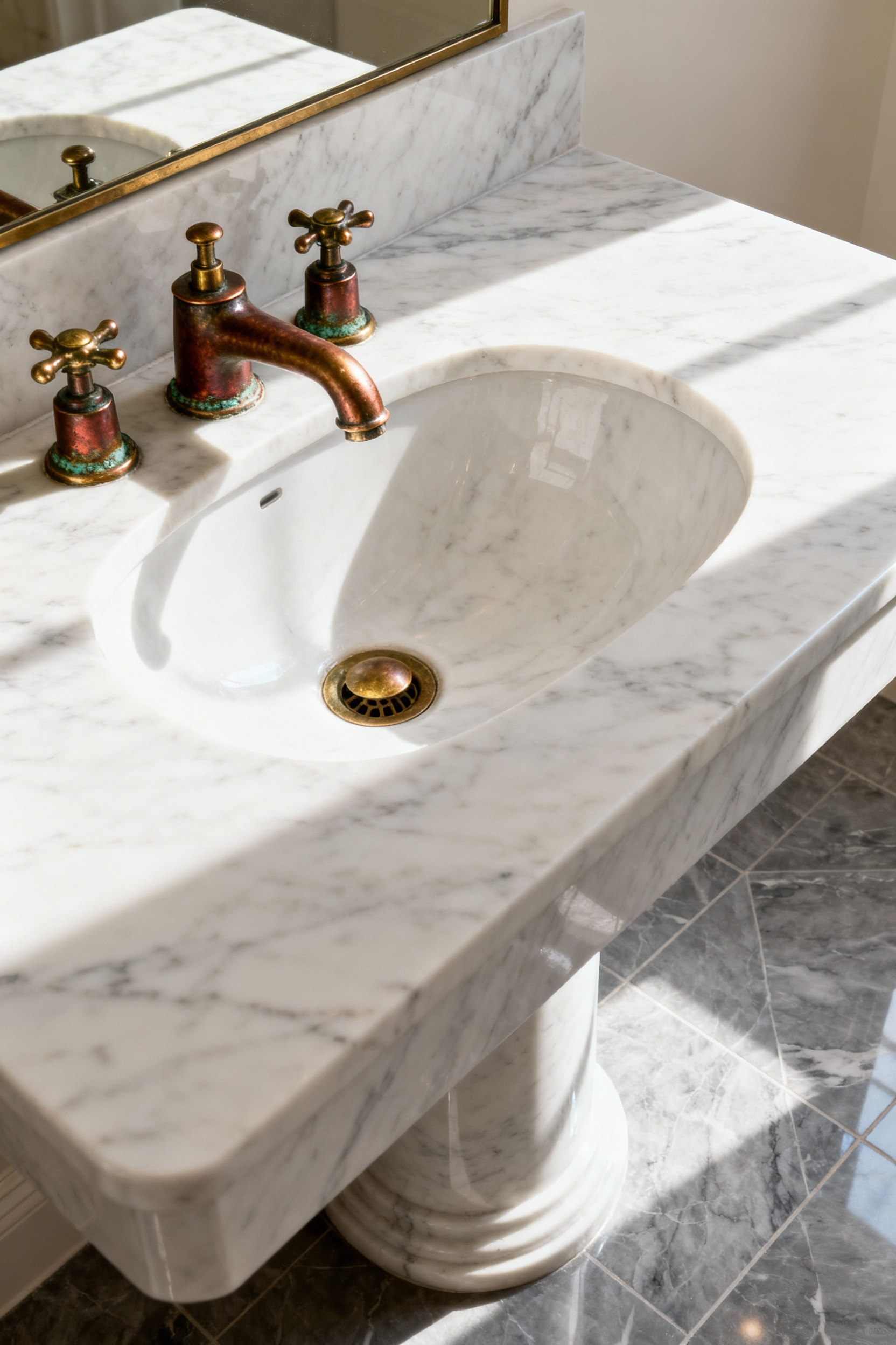 Marble vanity in a luxury bathroom featuring an unlacquered brass faucet with visible green and brown protective patina, contrasting with the smooth polished marble flooring.