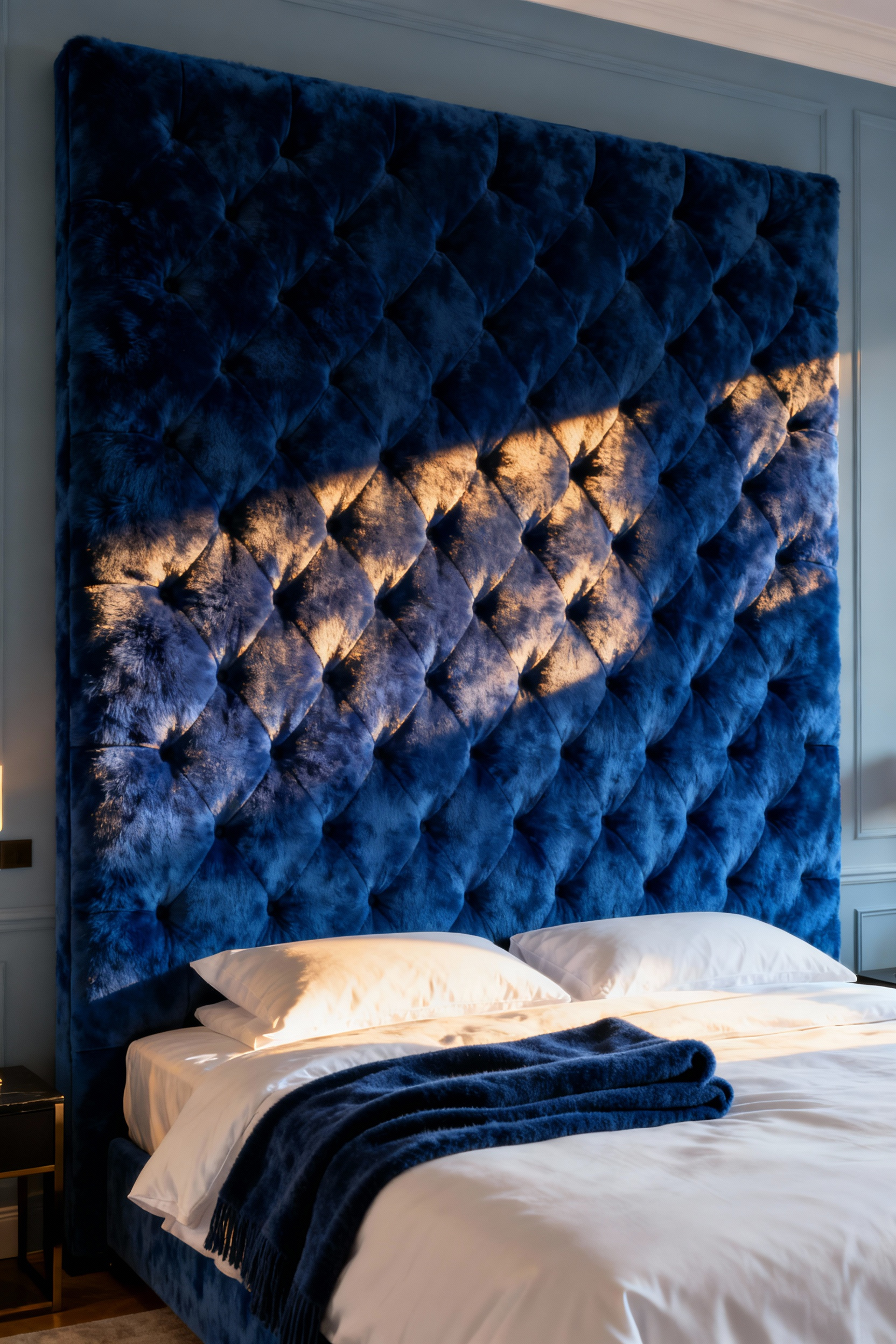 A luxurious master bedroom showcasing a massive, deeply diamond-tufted headboard upholstered in sapphire blue mohair velvet. The soft natural light emphasizes the rich texture and deep shadows created by the tufting, anchoring the elegant blue color scheme.