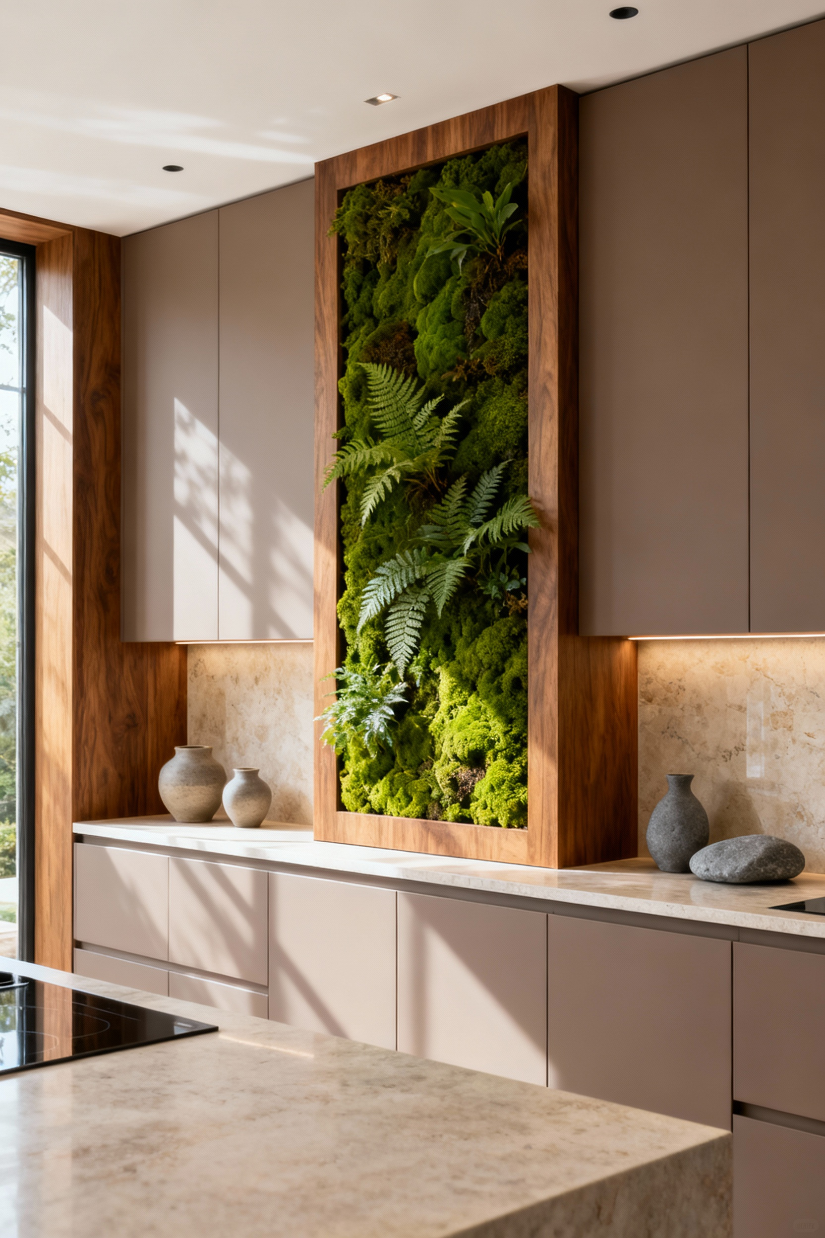Luxury kitchen wall decor ideas showcasing biophilic design with an integrated vertical preserved moss garden and warm wood shelving over a honed travertine countertop, bathed in soft daylight.