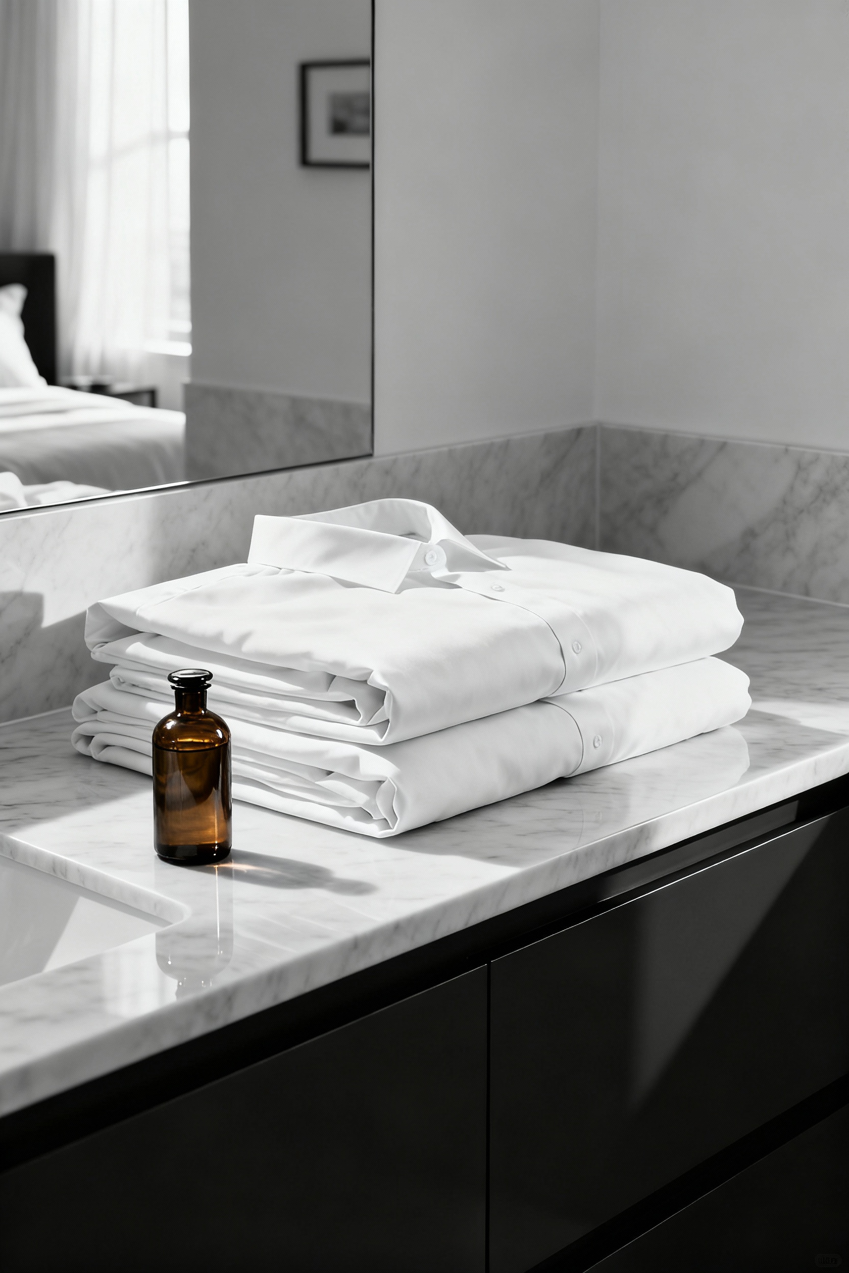 A stack of folded white luxury bed linens next to a bottle of mild liquid laundry detergent on a marble counter, symbolizing gentle care maintenance.