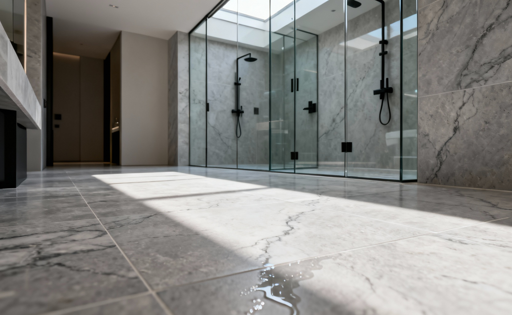 Seamless luxury bathroom flooring made of high-density porcelain tiles replicating the organic grain of honed taupe limestone in a walk-in shower setting.