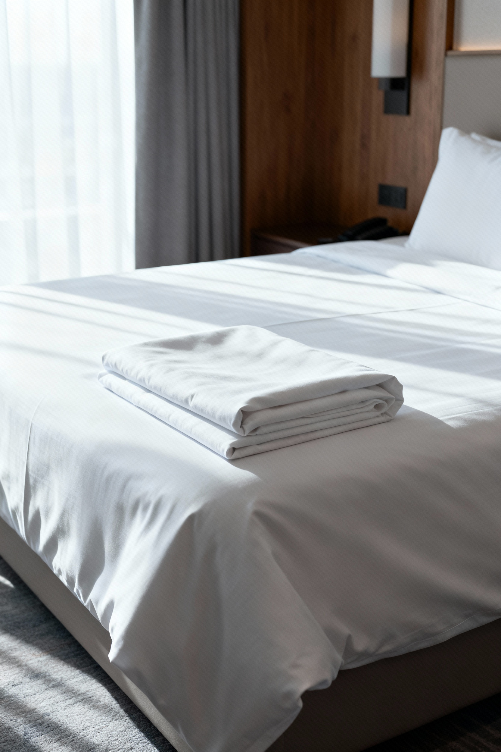 A king-sized bed in a luxury master bedroom featuring crisp white Percale sheets, emphasizing the cool texture and quality hotel-style aesthetic, relevant to sheet selection science.