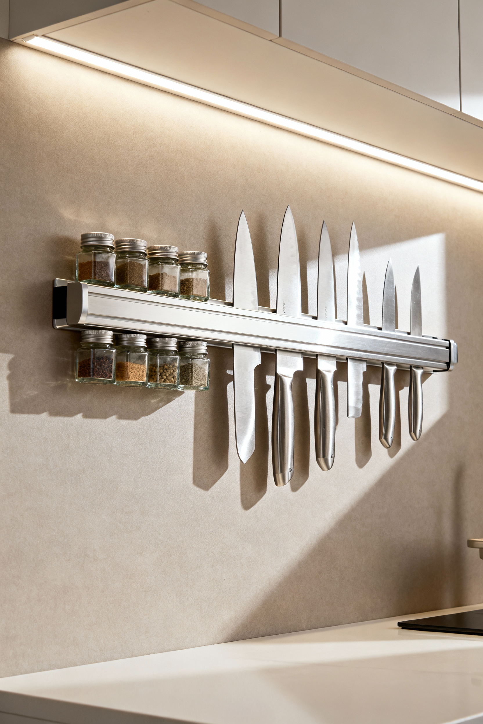 Magnetic strip kitchen organizer with chef's knives and uniform spice jars mounted on a modern kitchen backsplash, clean and minimalist design, space-saving kitchen solution.