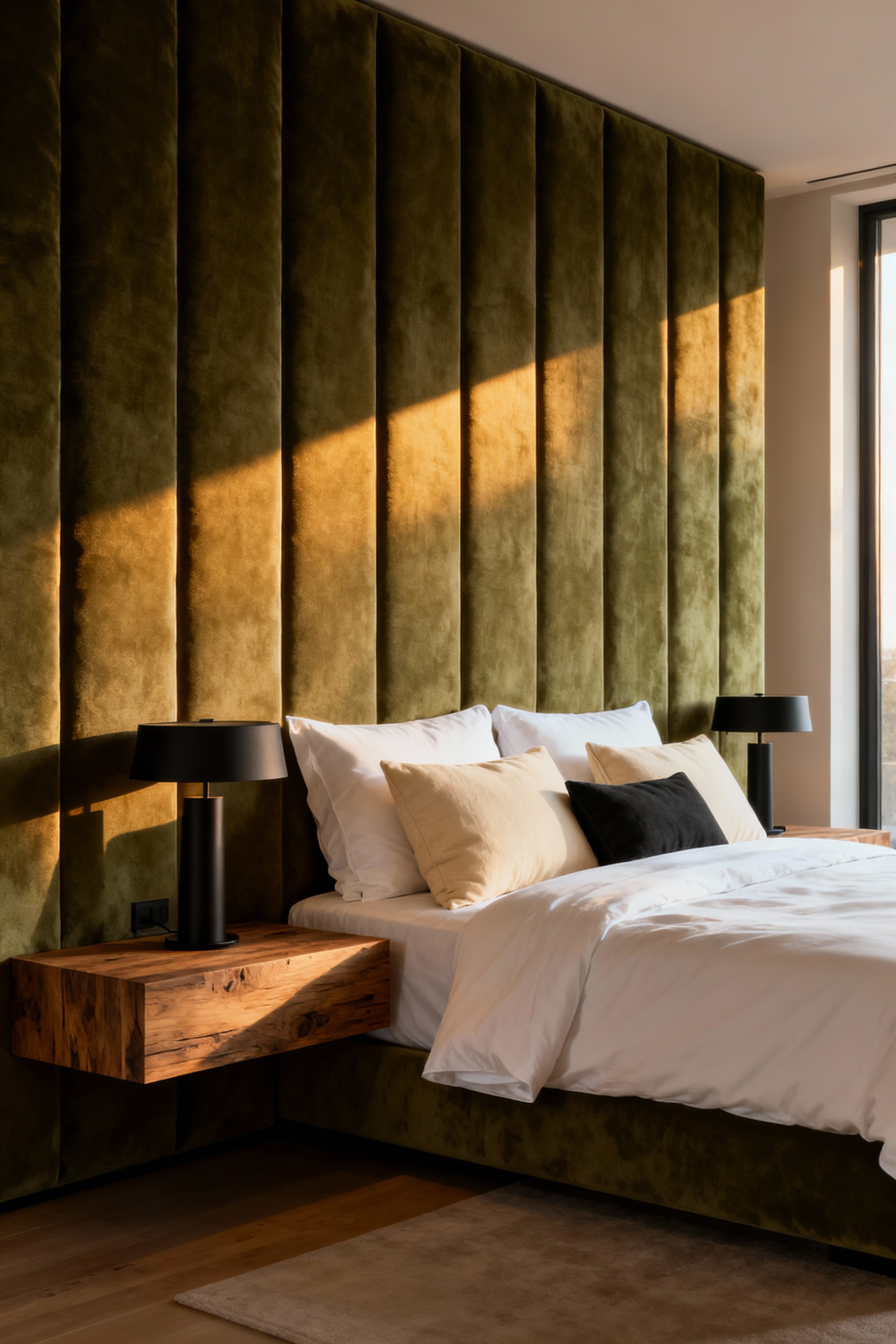 A durable, richly textured olive green upholstered headboard in a luxurious master bedroom setting, highlighting the fabric quality suitable for heavy domestic use.