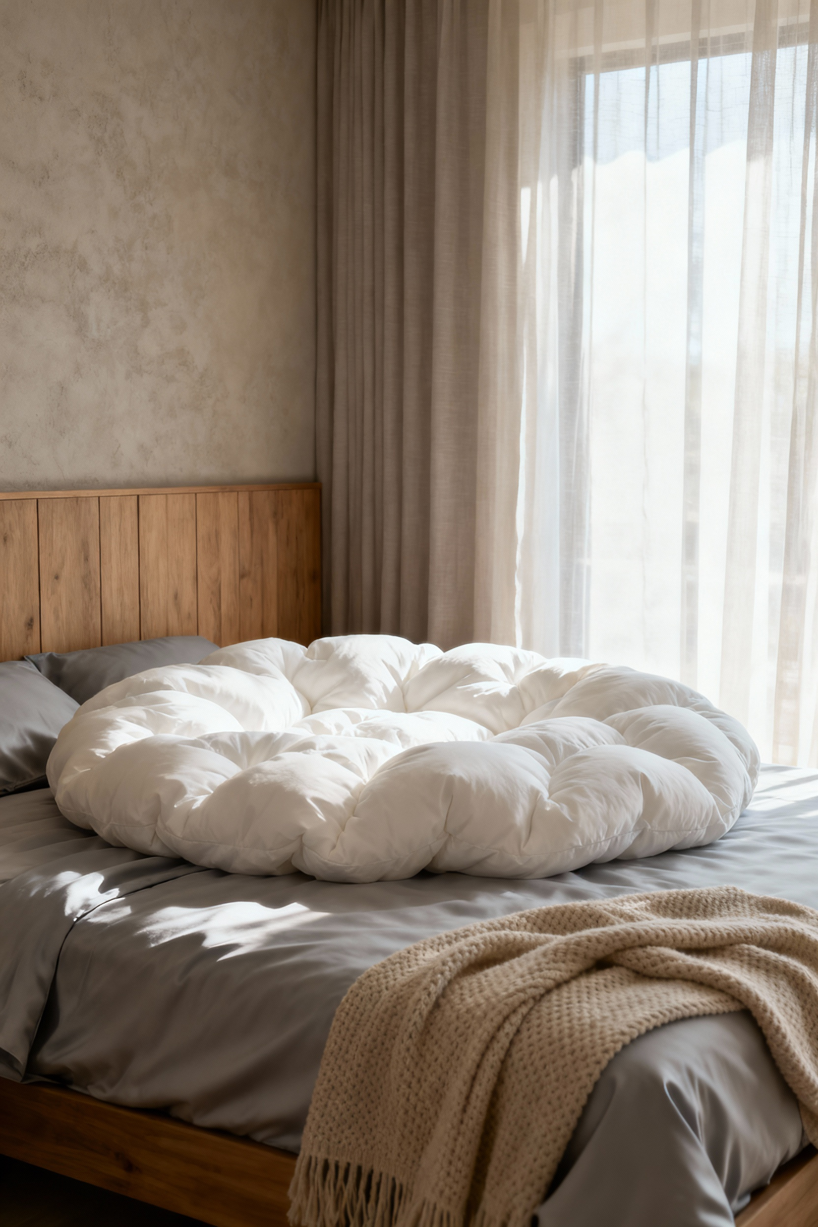 Luxurious master bedroom featuring a massive king bed and an ultra-fluffy white duvet with extreme loft, illustrating high fill power and cloud-like volume.