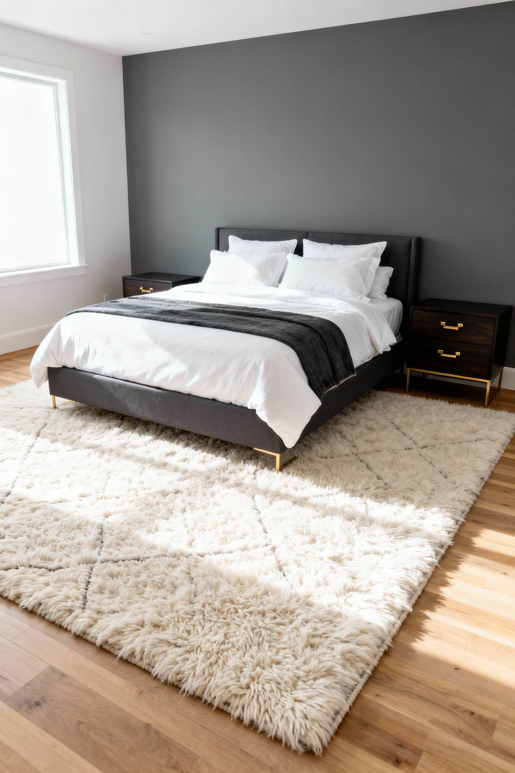 A luxurious master bedroom showing a King bed anchored by a correctly sized, oversized ivory area rug that extends a substantial 24 inches beyond the sides and foot of the bed frame.