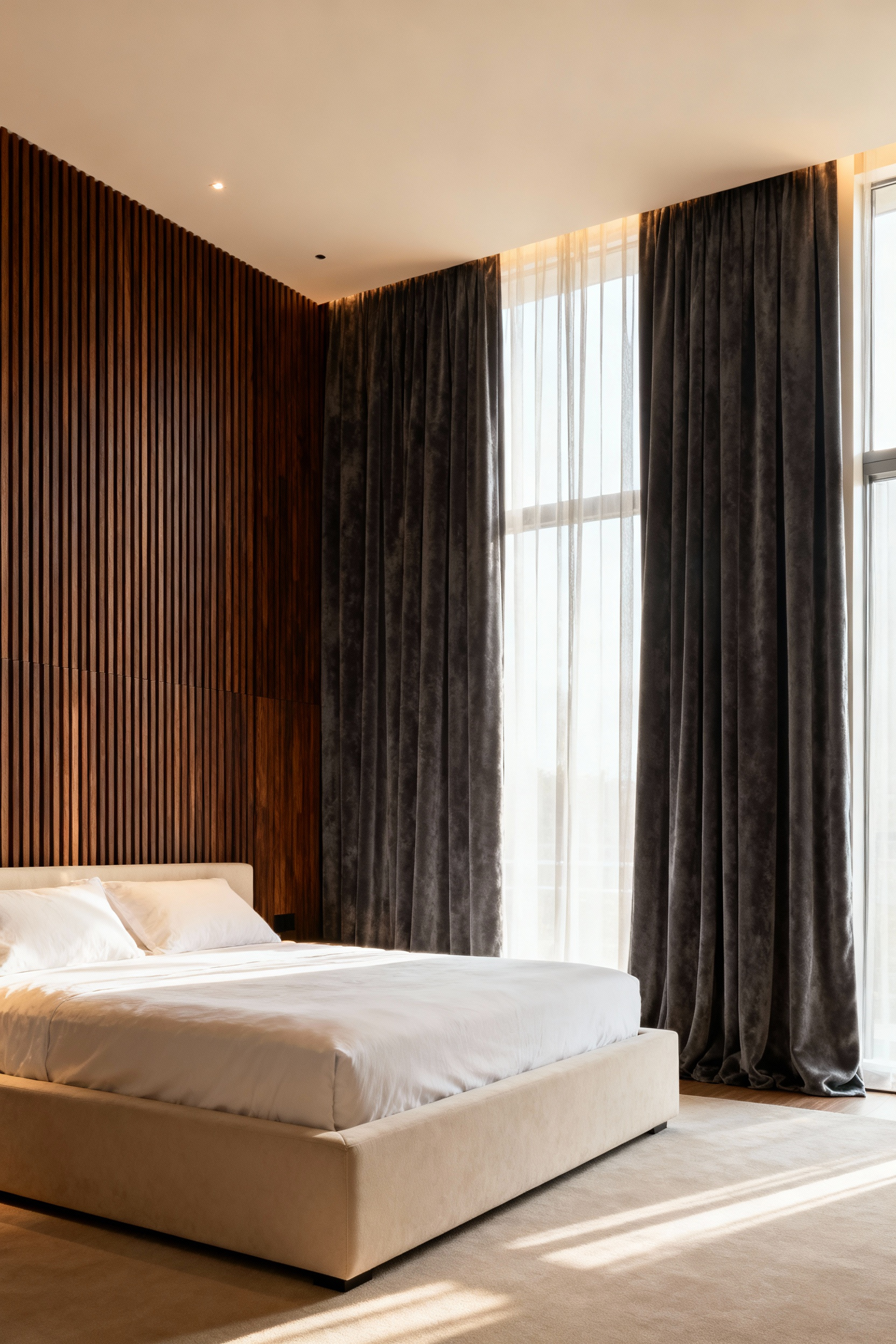 Modern master bedroom featuring dark slatted wood acoustic panels behind the bed and heavy charcoal velvet floor-length drapes for superior sound dampening.