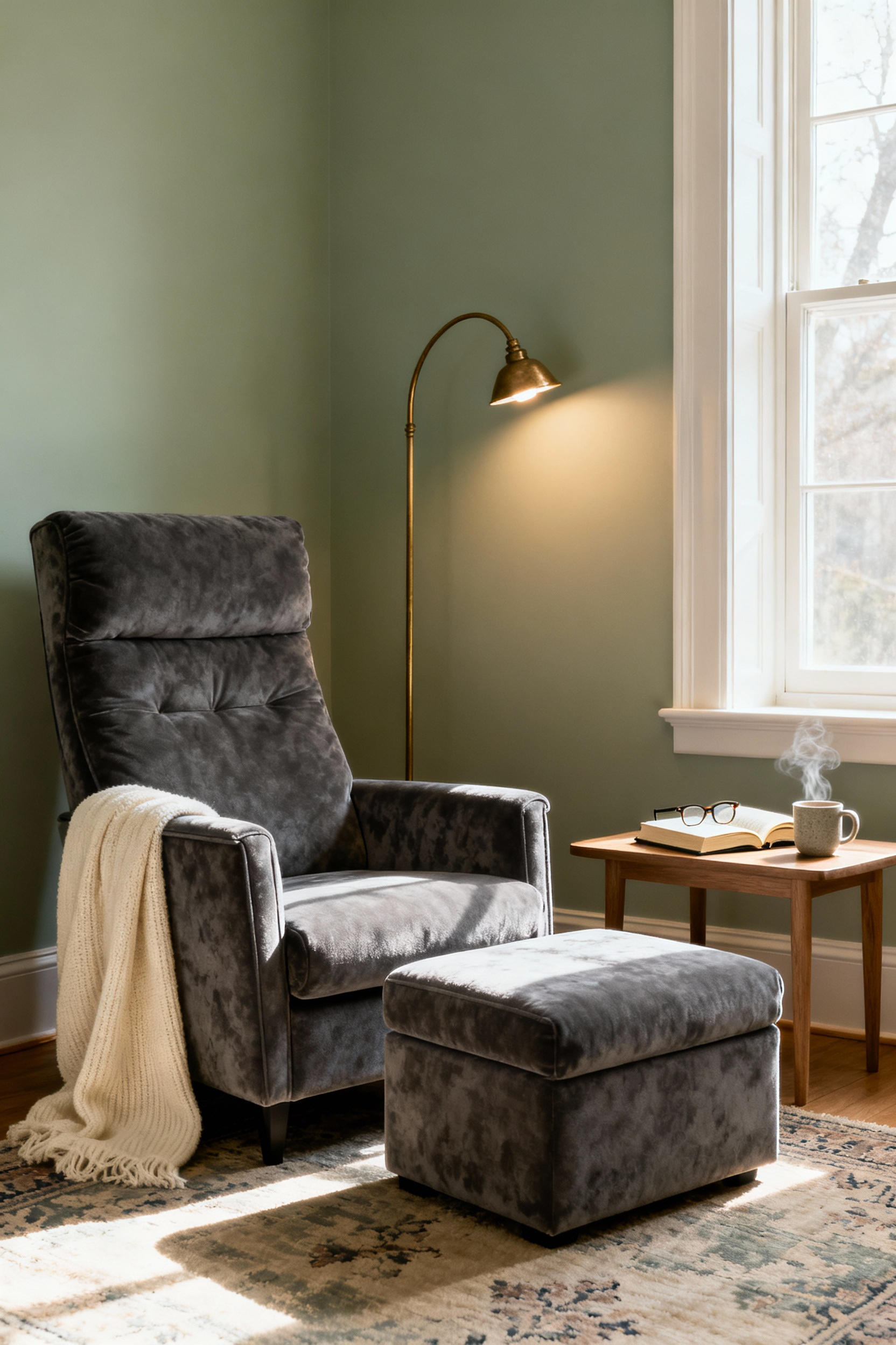 Deep charcoal velvet reading armchair and ottoman in a luxurious master bedroom corner flooded with soft morning light, emphasizing ergonomic design.