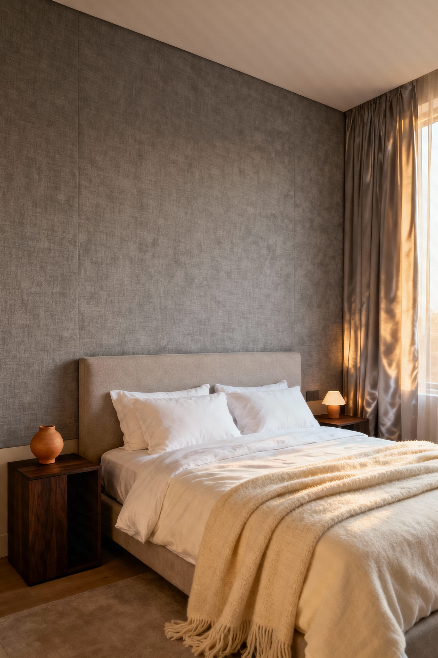 A luxurious master bedroom featuring a woven dove-gray linen fabric wallcovering behind the bed, emphasizing texture, softness, and acoustic insulation.