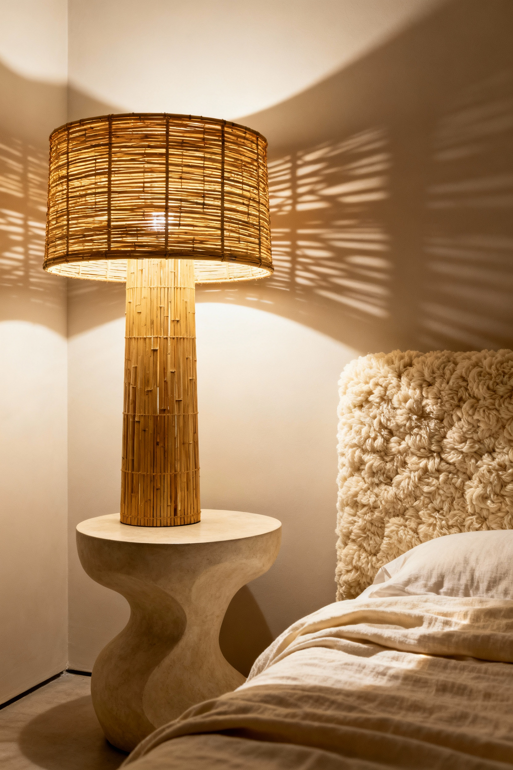 A master bedroom featuring a woven bamboo lampshade casting atmospheric shadow patterns on the wall, illustrating tactile lighting texture and warm diffusion.