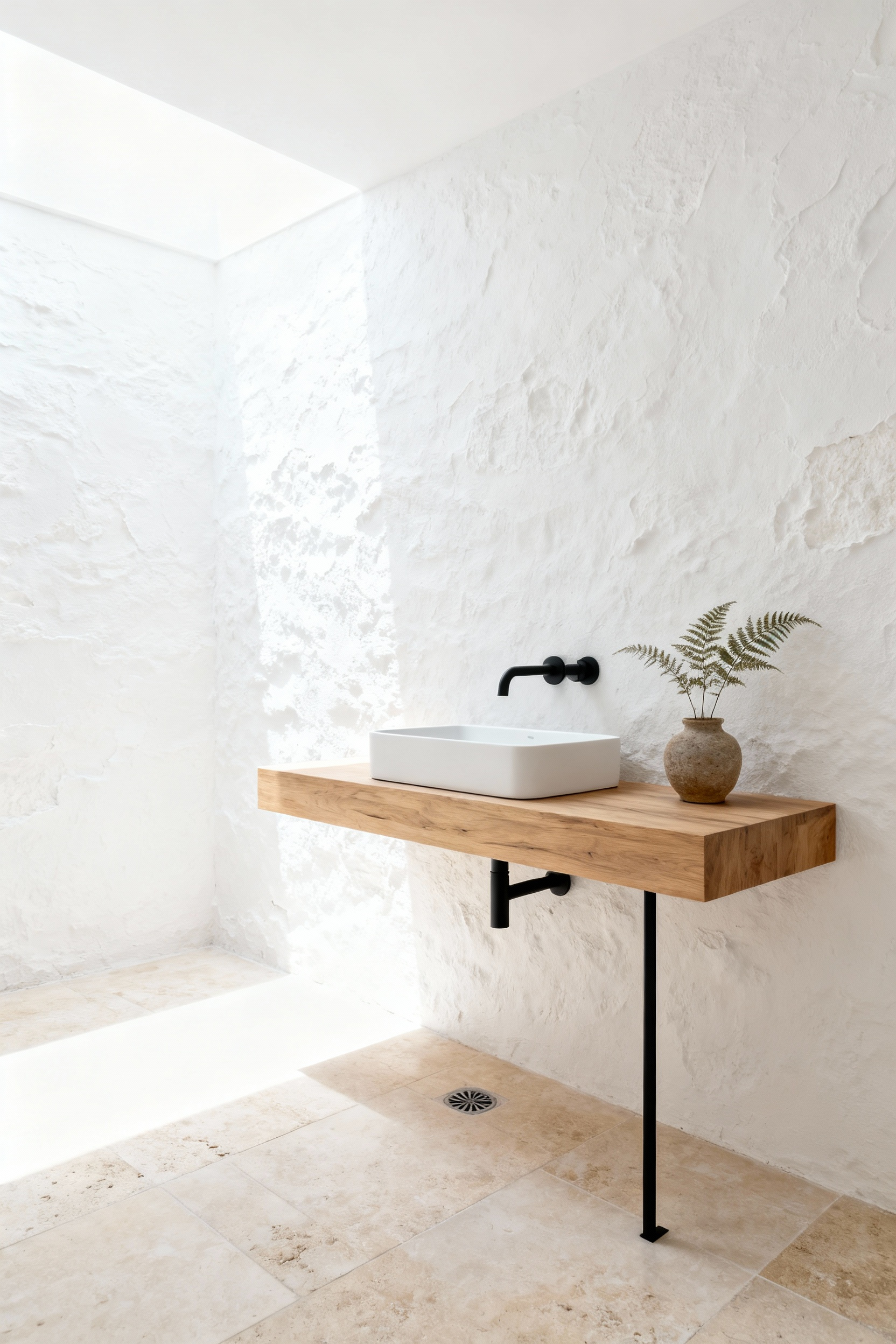 Minimalist bathroom featuring a bright white plaster wall and light oak vanity anchored by thin, high-contrast matte black iron legs and a black wall-mounted faucet, emphasizing sharp linear details and grounding an airy, organic space.