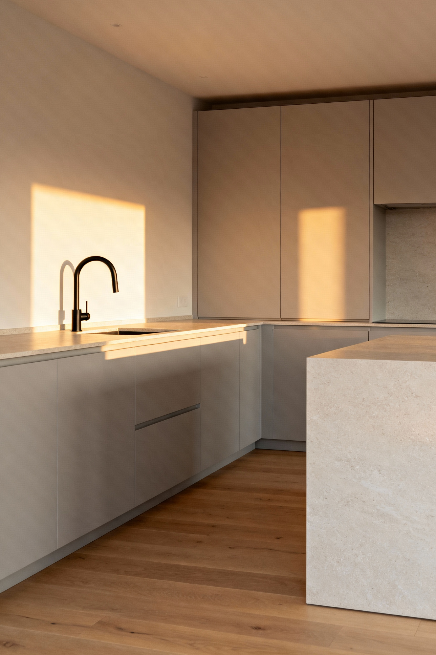 Scandinavian kitchen with matte light grey cabinets, honed quartz countertop, matte black faucet, and pale oak floor. The image highlights non-reflective surfaces under soft natural light.