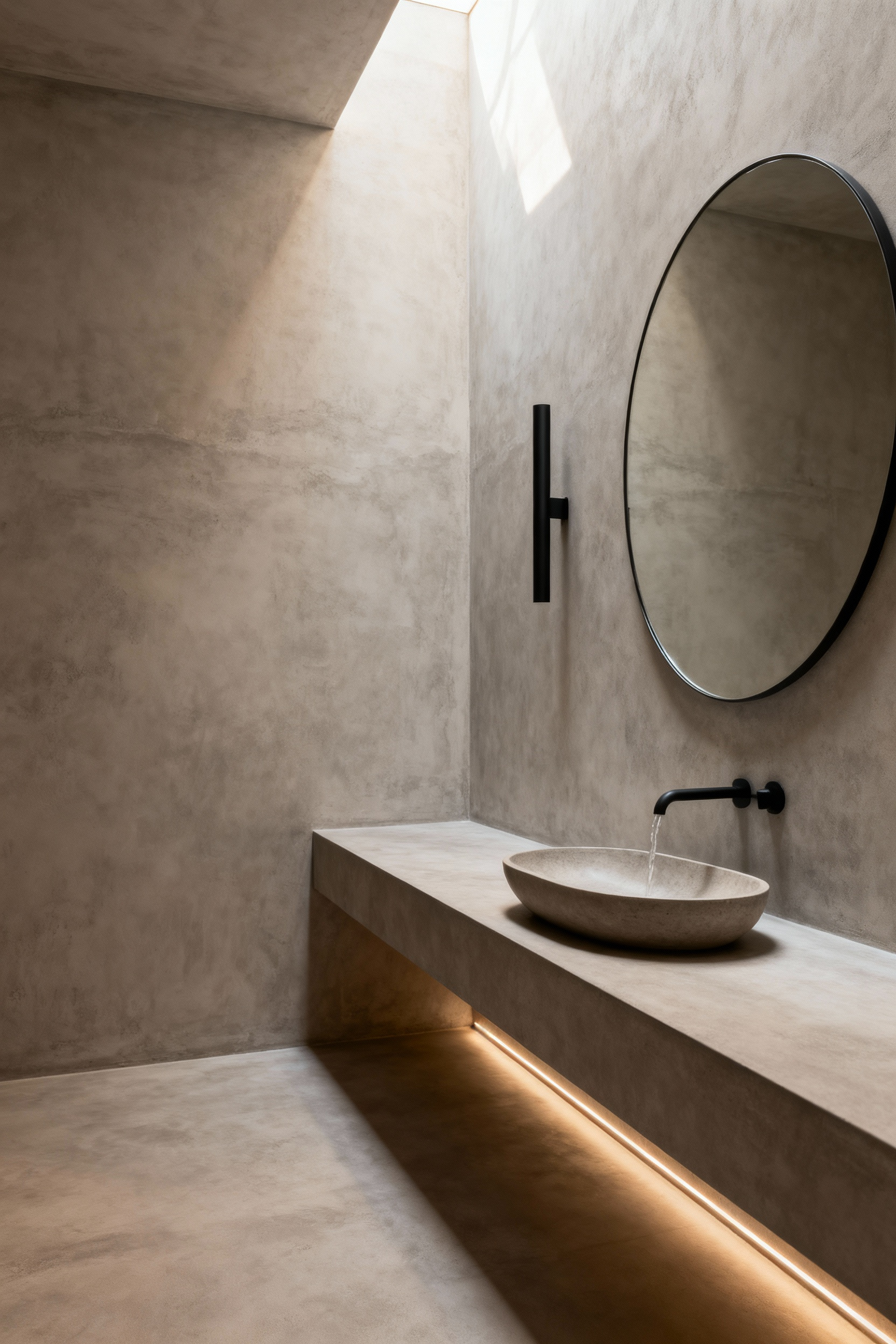 Modern minimalist bathroom featuring seamless, continuous taupe micro-cement on walls, floor, and floating vanity, emphasizing serene, grout-free design.