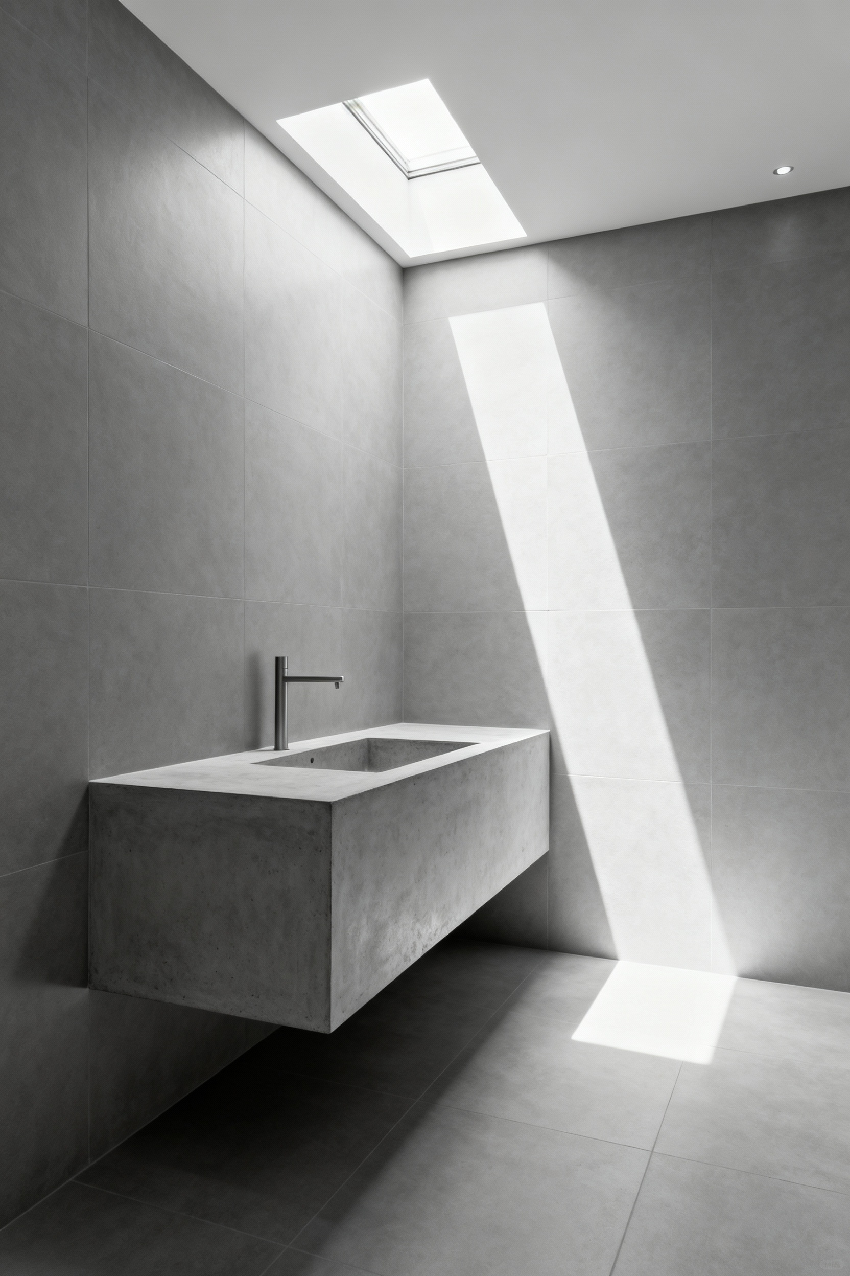Minimalist bathroom with a seamless concrete vanity and wall-mounted faucet, illuminated by natural light from a skylight, showcasing integrated form and function.