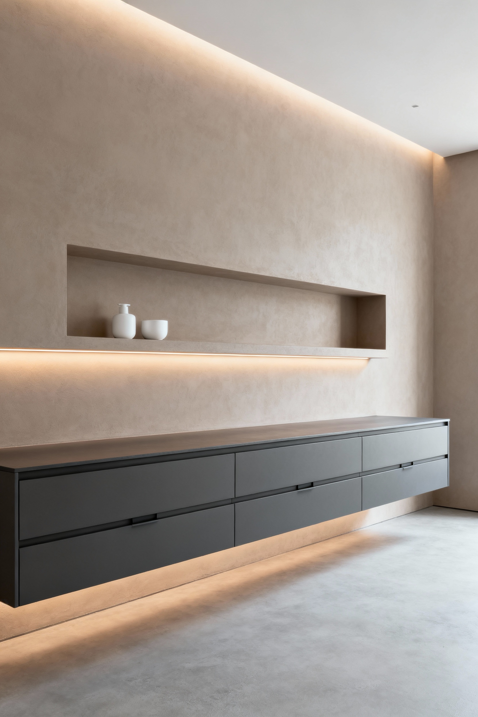 Minimalist modern bathroom design featuring a long recessed wall niche and handleless floating cabinetry for achieving clutter-free visual silence.